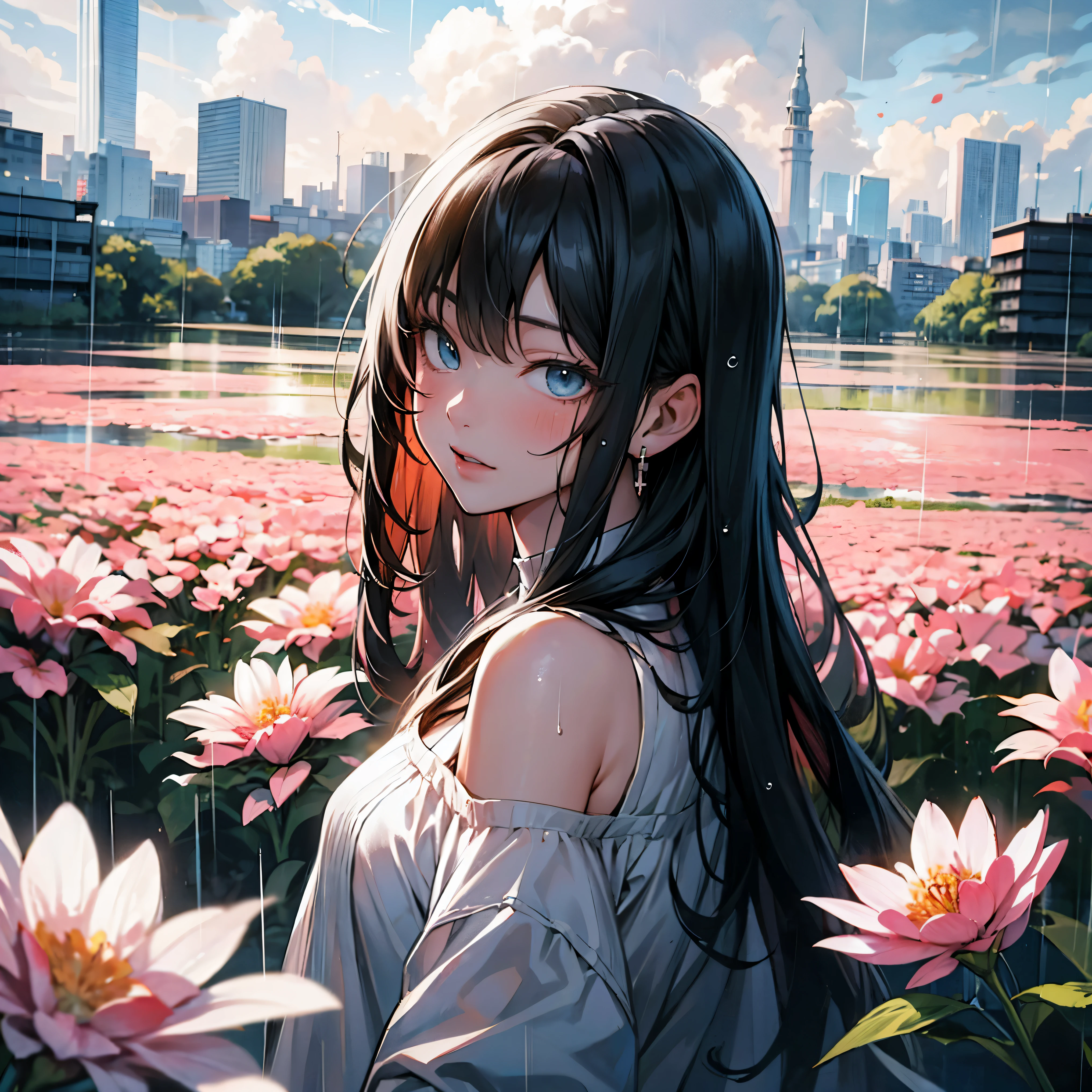 mature anime style, rain on face, cloudy sky, beautiful asian girl, off shoulder,  heavenly aura around, field of flowers, destiny watching, world is a flood, slowly I become one with the mud, cross in background, city scape