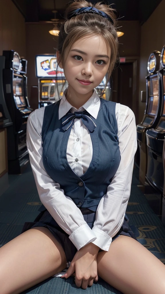 Japanese female one person、Transcendently beautiful、((24-years-old))、((smile))、(((Half close your eyes:1.3)))、(((Mouth wide open:1.3)))、(((spread legs:1.4)))、((squirm:1.3))、((Blonde hair, but black hair around the hairline:1.2))、((One bun hair:1.2))、((navy blue cloth vest:1.25))、((Short dark blue skirt:1.25))、((White long sleeve cutter shirt:1.25))、(checked ribbon bow tie)、((from below:1.4))、(A hallway with slot machines on both sides in the background:1.35)、looking at the camera、