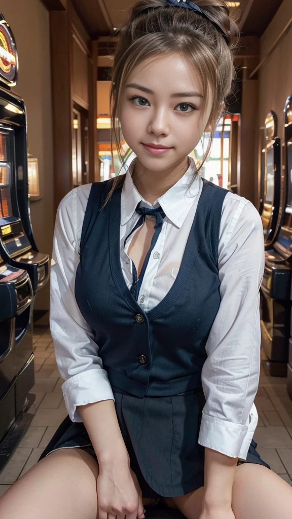 Japanese female one person、Transcendently beautiful、((24-years-old))、((smile))、(((Half close your eyes:1.3)))、(((Mouth wide open:1.3)))、(((spread legs:1.4)))、((squirm:1.3))、((Blonde hair, but black hair around the hairline:1.2))、((One bun hair:1.2))、((navy blue cloth vest:1.25))、((Short dark blue skirt:1.25))、((White long sleeve cutter shirt:1.25))、(checked ribbon bow tie)、((from below:1.4))、(A hallway with slot machines on both sides in the background:1.35)、looking at the camera、