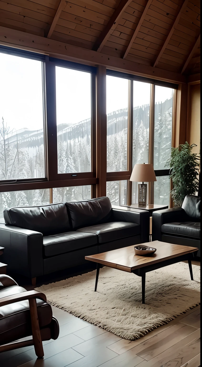 Expansive living rooms with those signature floor-to-ceiling windows have become a hallmark of modern architecture. Picture a luxurious log cabin amidst a serene, snow-covered landscape. Inside, the living area boasts a sleek, contemporary design with plush sofas and chairs in neutral hues arranged around a low, central coffee table. The color scheme revolves around chic, darker tones and warm accents, complemented by soft, ambient lighting emanating from various stylish lamps, creating an inviting and cozy atmosphere.