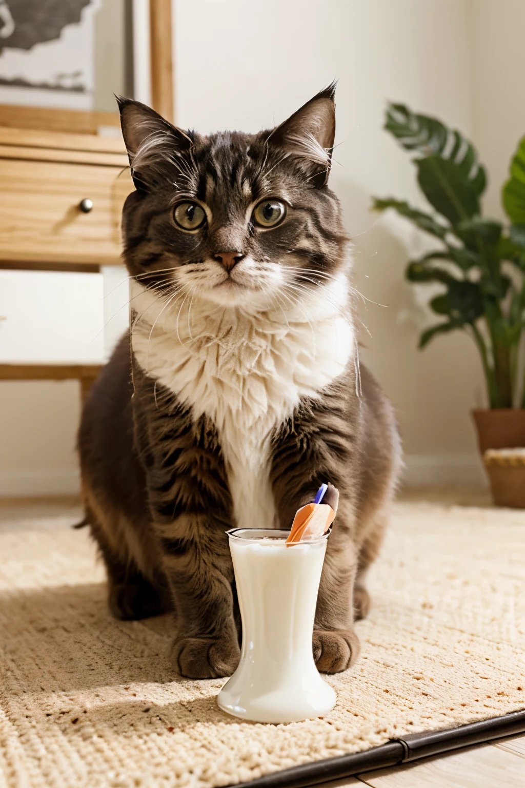 A Cute Fluffy Cat sitting and drinking milk, the image is a close-up shot resembling an 85mm lens, and the drawing should be in a coloring book style with only the outlines.