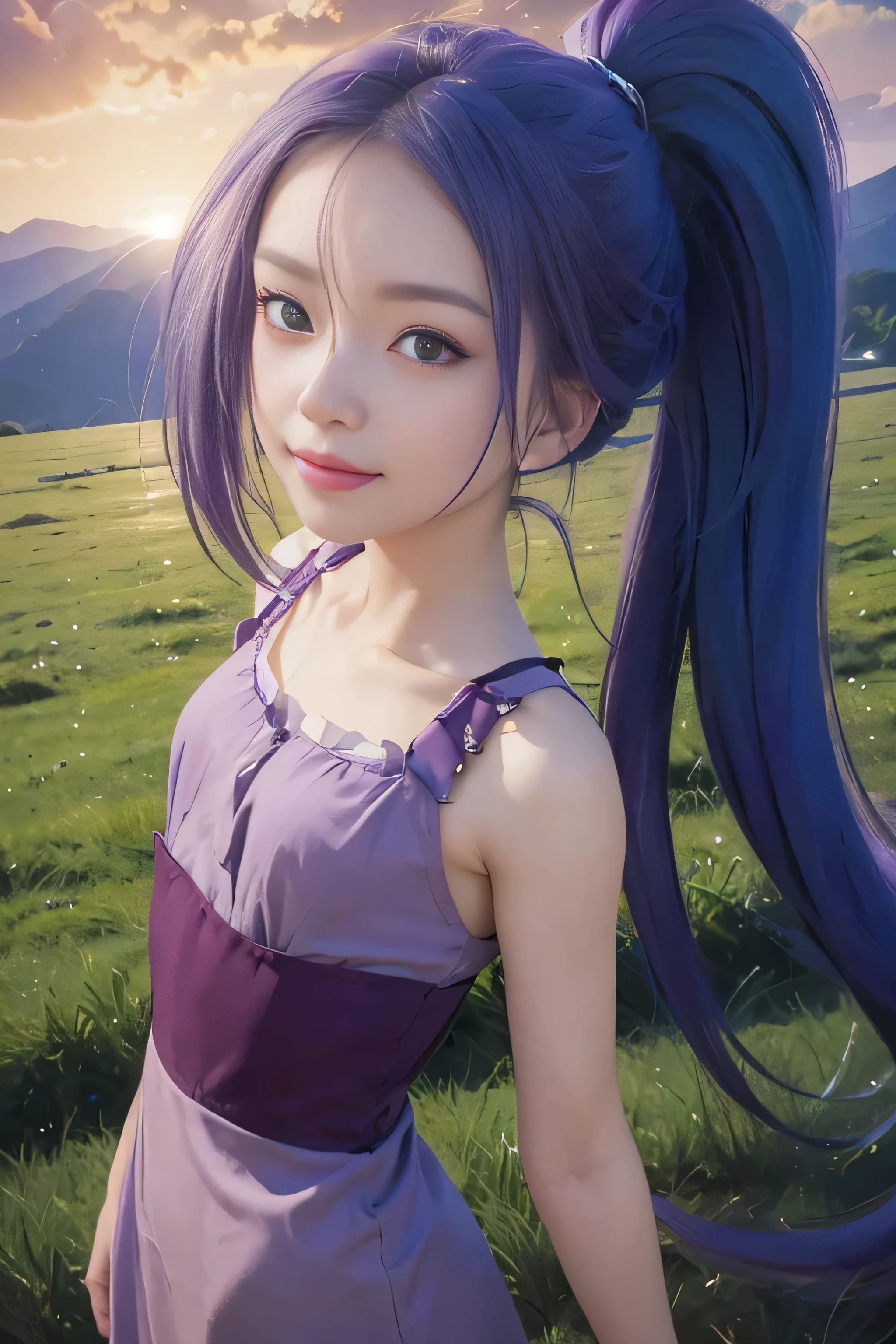 masterpiece, best quality, (realistic,photo-realistic:1.4), (RAW photo:1.2), extremely detailed CG unity 8k wallpaper, delicate and beautiful, amazing,finely detail, official art, absurdres, incredibly absurdres, huge filesize, ultra-detailed,extremely detailed eyes and face,light on face,sarada,(little smile),(purple hair:1.4),(long hair:1.4),(wearing oversize t-sirt:1.5),(small breast:1.3),sauna,ponytail