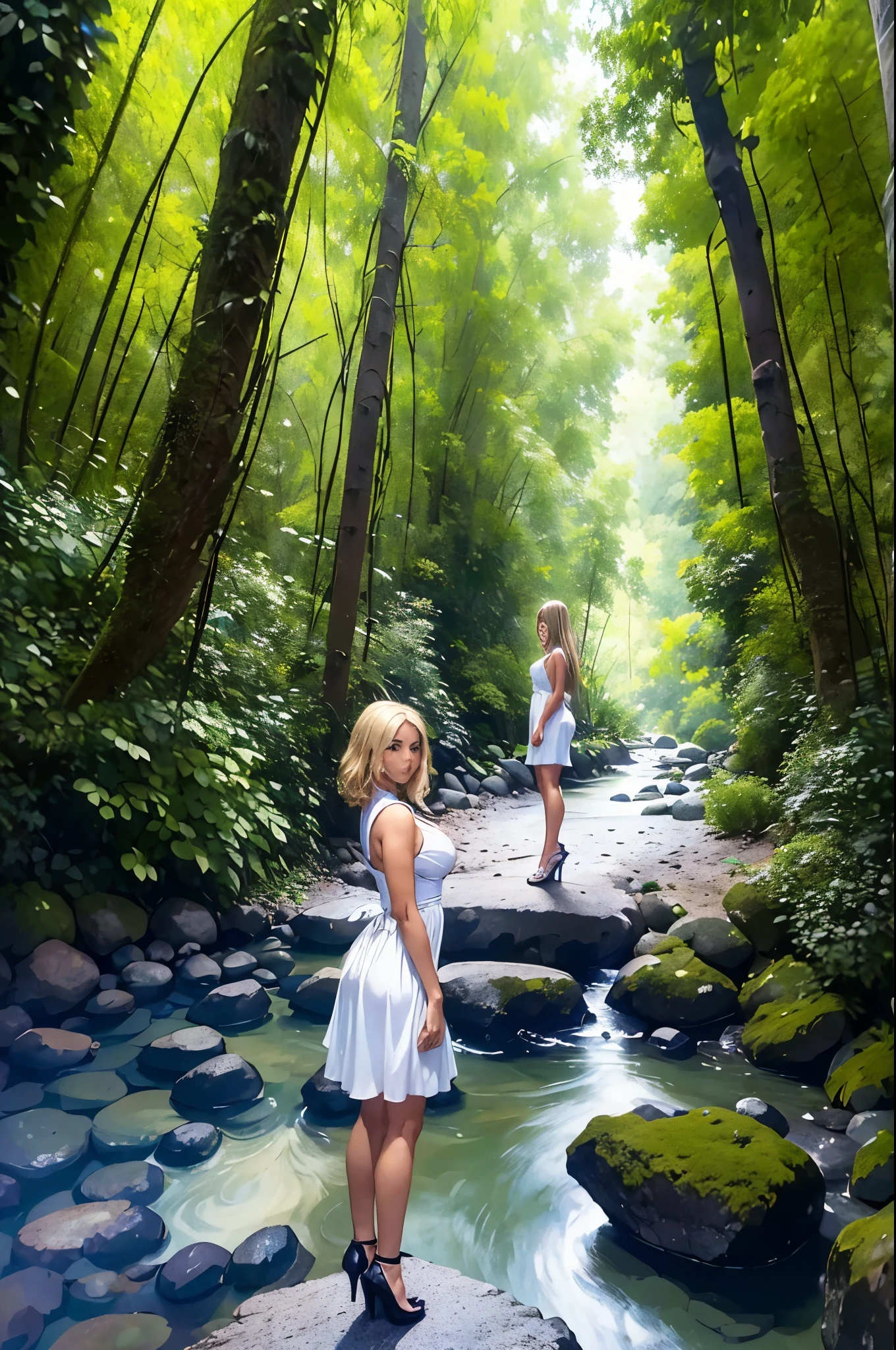 ((Mejor calidad)), ((obra maestra)), (detallado), cara perfecta, A beautiful, anime-style blonde girl stands on a stone path near a river. She wears a short white dress and high heels. The surrounding environment features a forest with many trees and a sky with clouds.