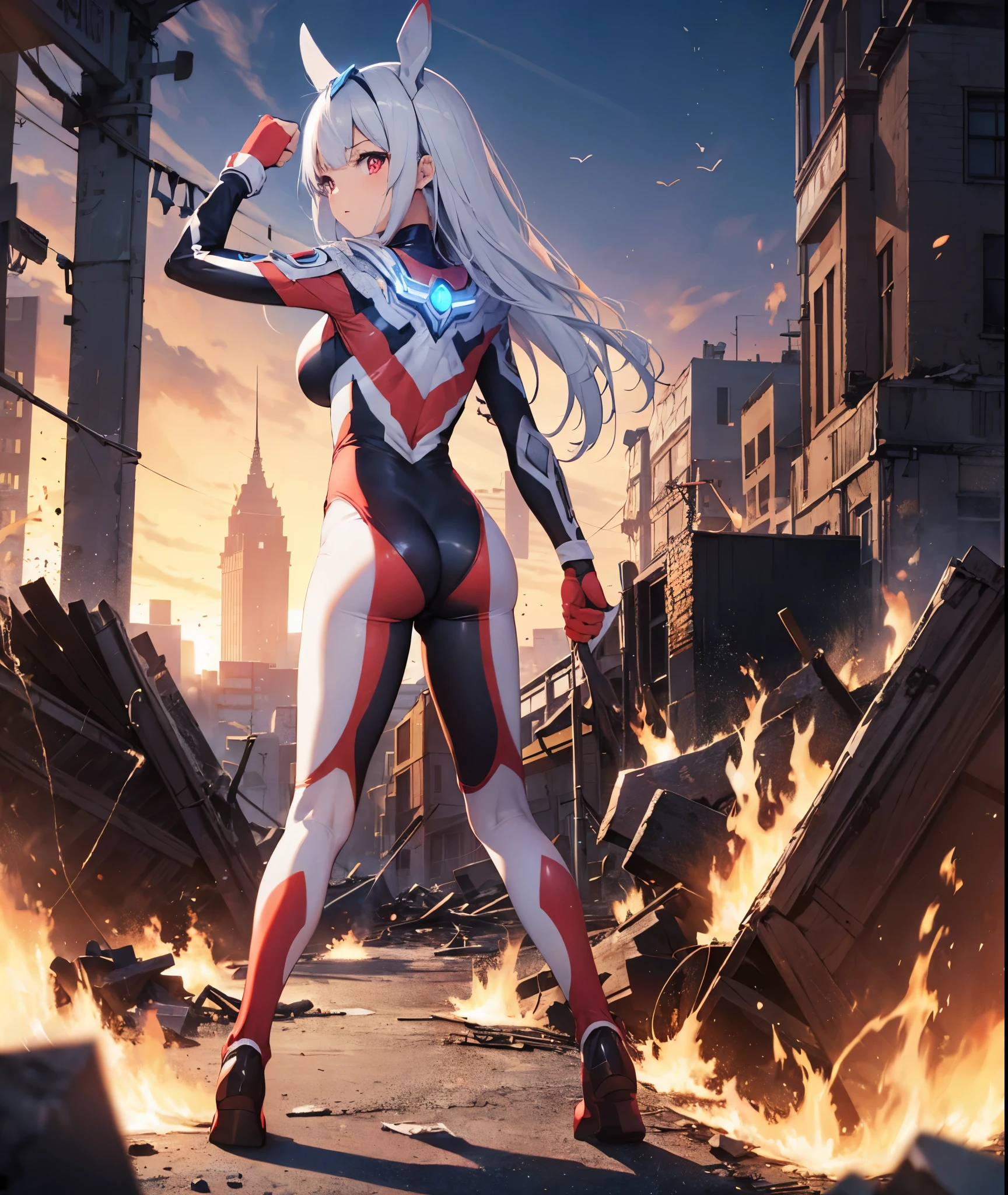 highest quality, ultra detail, High quality CG drawing, The most delicate and beautiful, Float softly, High resolution, (1 girl), (Highest image quality,4K,8K,masterpiece:1.2)light purple hair,Bunny ears,long hair,red eyes, (Ultra Girl :1.0), (silver and red ultraman bodysuit:1.4),big breasts,(Put your hands on your hips:1.2),(fist:1.2), The burning city,large number of buildings,Ruined buildings,In flames,(Turn your back to your audience:1.2),butt