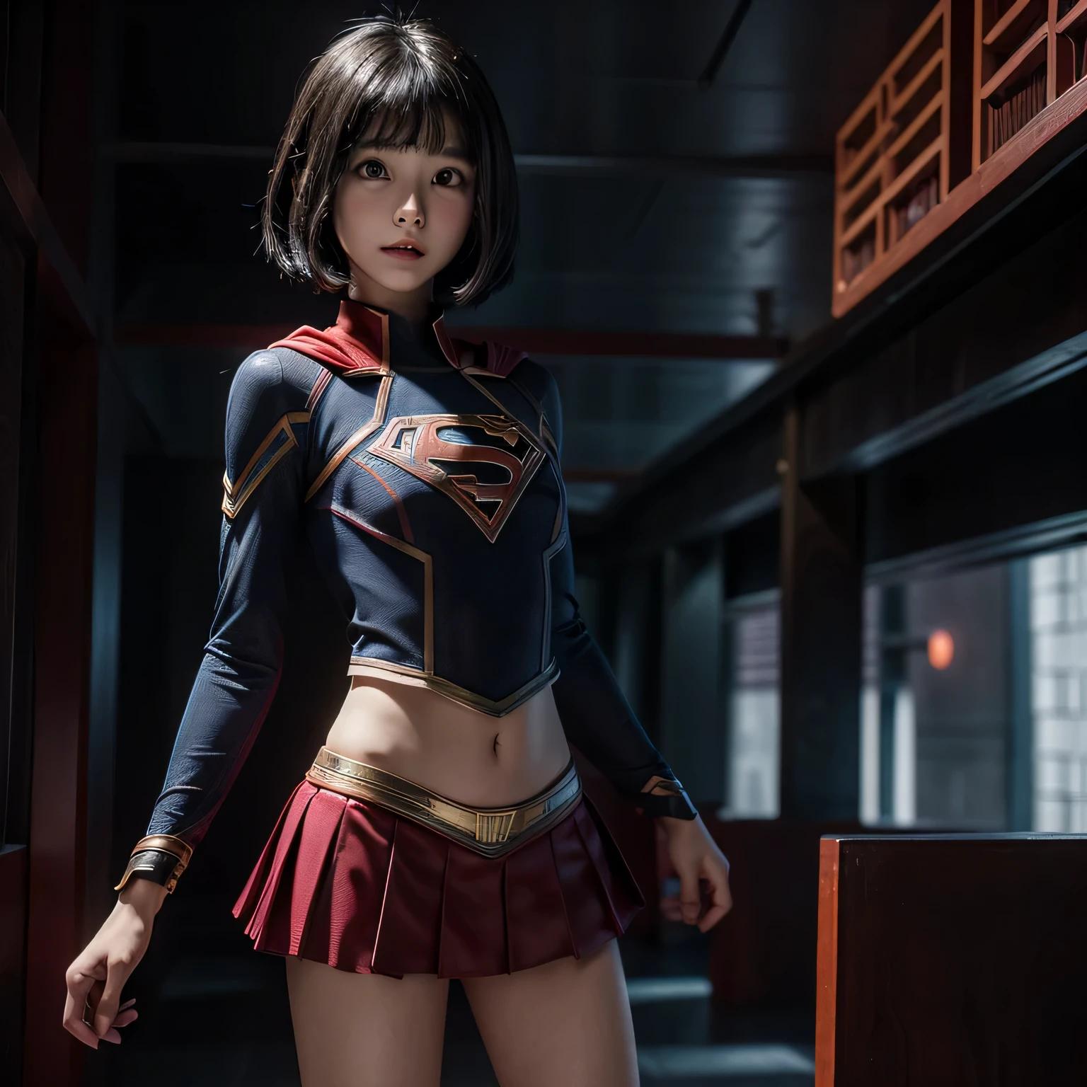 super girl elementary school student, masterpiece, highest quality, abstract, psychedelic, neon, (honeycomb pattern), (creative:1.3), fantasy 00d、 black hair、bob cut with trimmed ends、flat chest、Thin crotch、con、standing on the walkway、belly button、High-leg style、red cloak、pointed nipples