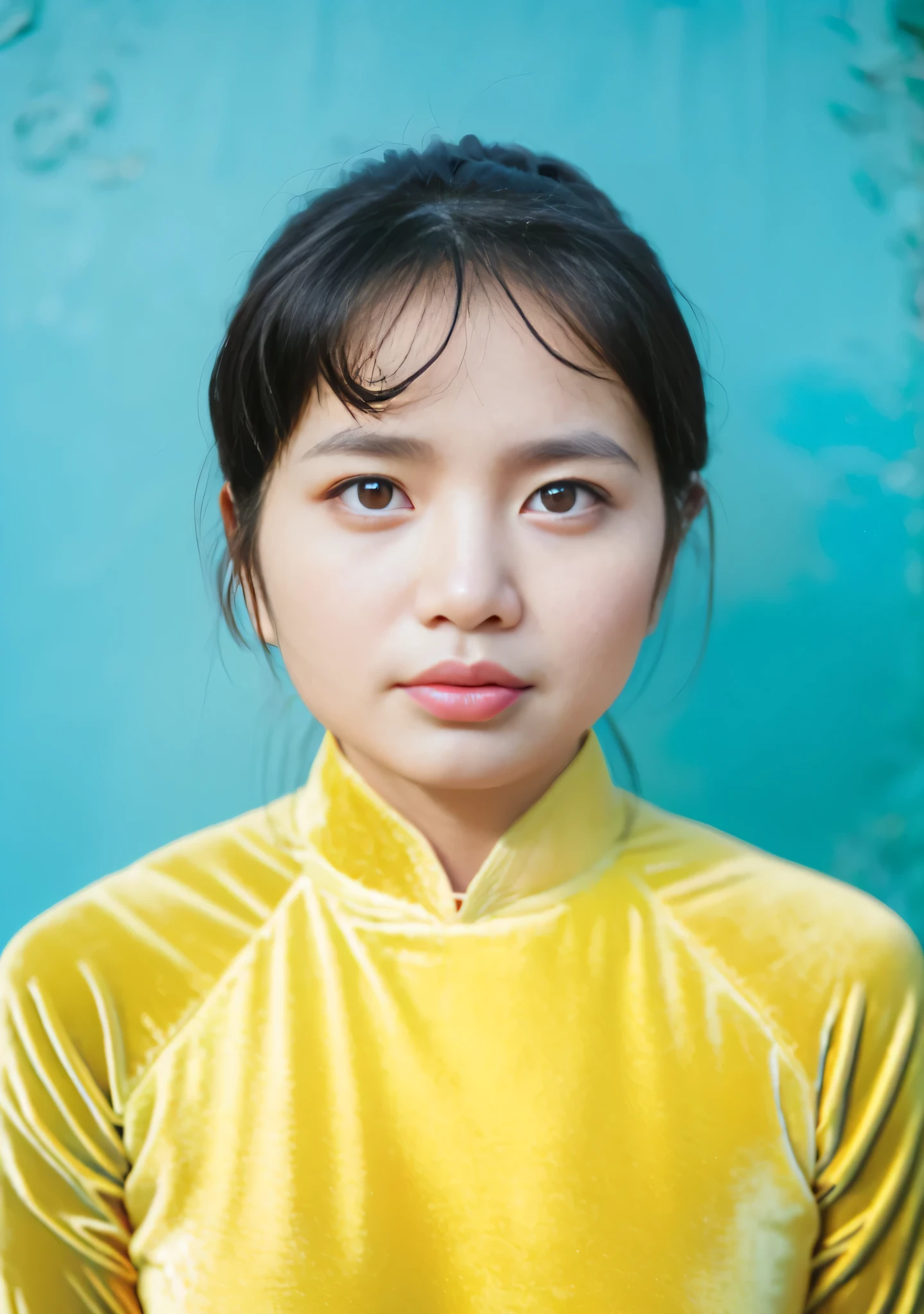 Highly realistic photo, ((masterpiece), (best quality), (raw photo), (photorealistic:1.4), Portrait of Vietnamese woman, (45 years old), ((black hair)), ((wearing a yellow velvet ao dai)) ,((light blue background)) , photo taken by Sony A7IV