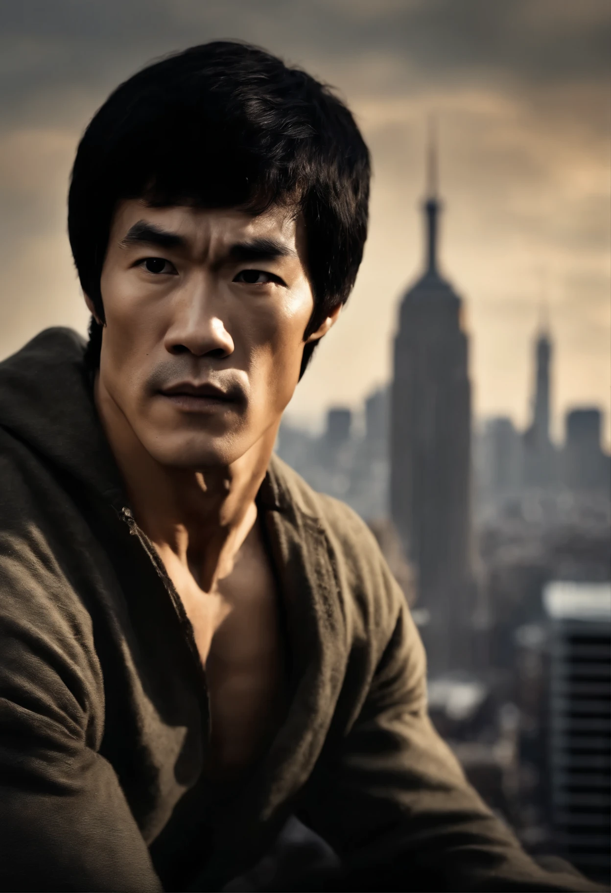 (work of art, Highest quality, high definition, high detail), (cinematic realism), masterpiece, bruce lee (in close-up shot), quiet and meditative expression (viewer's shot), in meditation on top of modern building in new york, empire state and manhattan illuminated by the morning sun in the background, open blue sky soft clouds, evening tones, realistic photo, realism, projected shadow, atmospheric perspective, 8k, superdetail, precise