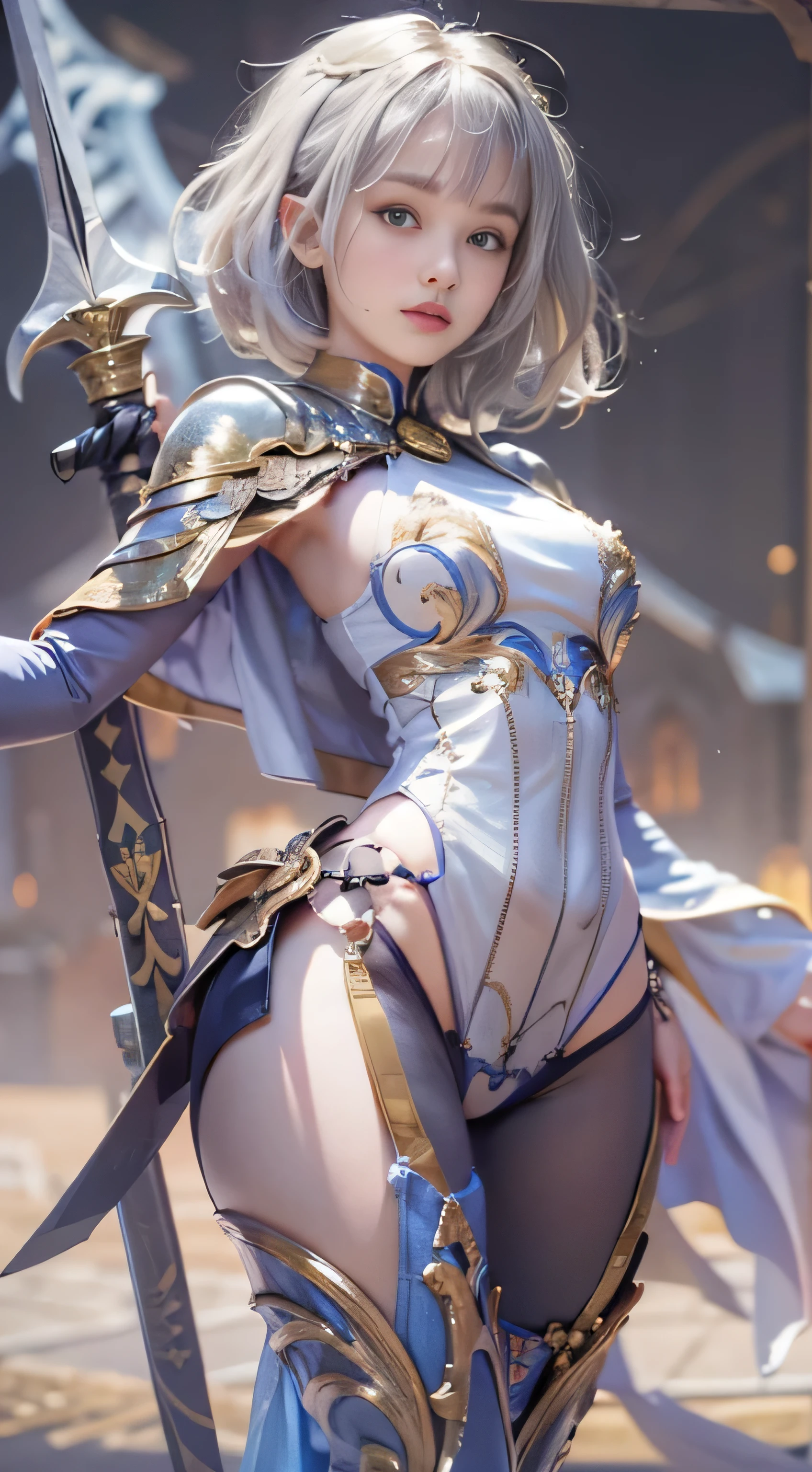 (NSFW), 1 female, one personで, 16 years old, 7 Head and body, (cute face), (ideal body proportions), length , fantasy, magic effect, ((West Cape Armor)), holding a greatsword, sexy body, strong wind, The costume is sheer, Wet, short hair, bright silver hair, , thin, small ass, beautiful feet, thin脚, surrealism, cinematic lighting, written boundary depth, one person&#39;point of view, f/1.8, 135mm, nffsw, table top, Accurate, ((anatomically correct)), rough skin, Super detailed, advanced details, high quality, award-winning, 最high quality, High resolution, 8K