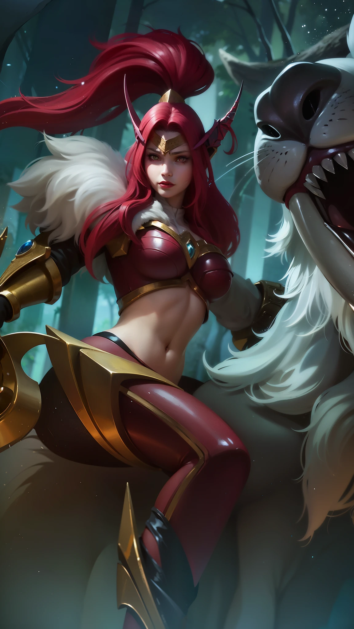 (female:1.2), 8k, ultra hd, ultra detailed texture, hyper realistic, masterpiece, detailed texture, detailed face, detailed skin, detailed lighting, (photorealistic:1.5), best quality, beautiful lighting, cinematic lighting, professional lighting, ultra highres, realistic, detailed hair, real hair, high quality, (realskin:1.5), extremely detailed, finely detail, ultra-detailed, 1girl, solo, elf, pointy ears, standing, demon horns, forehead protector, (red eyes:1.5), v-shapped eyebrow, lips, red lips, evil smile, nose, make up, pretty, beautiful, cute face, long hair, blue hair, high ponytail, large breasts, cleavage, armpit, navel, stomach, black armor, pauldrons, bare shoulders, shoulder armor, thigh high, sleevless, detached sleeves, breastplate, gauntlets, karina \(mobile legends\), depth of field, looking aways, white skin, skin tight, amazing pose, outdoors, glowing, dark view, blurry background.