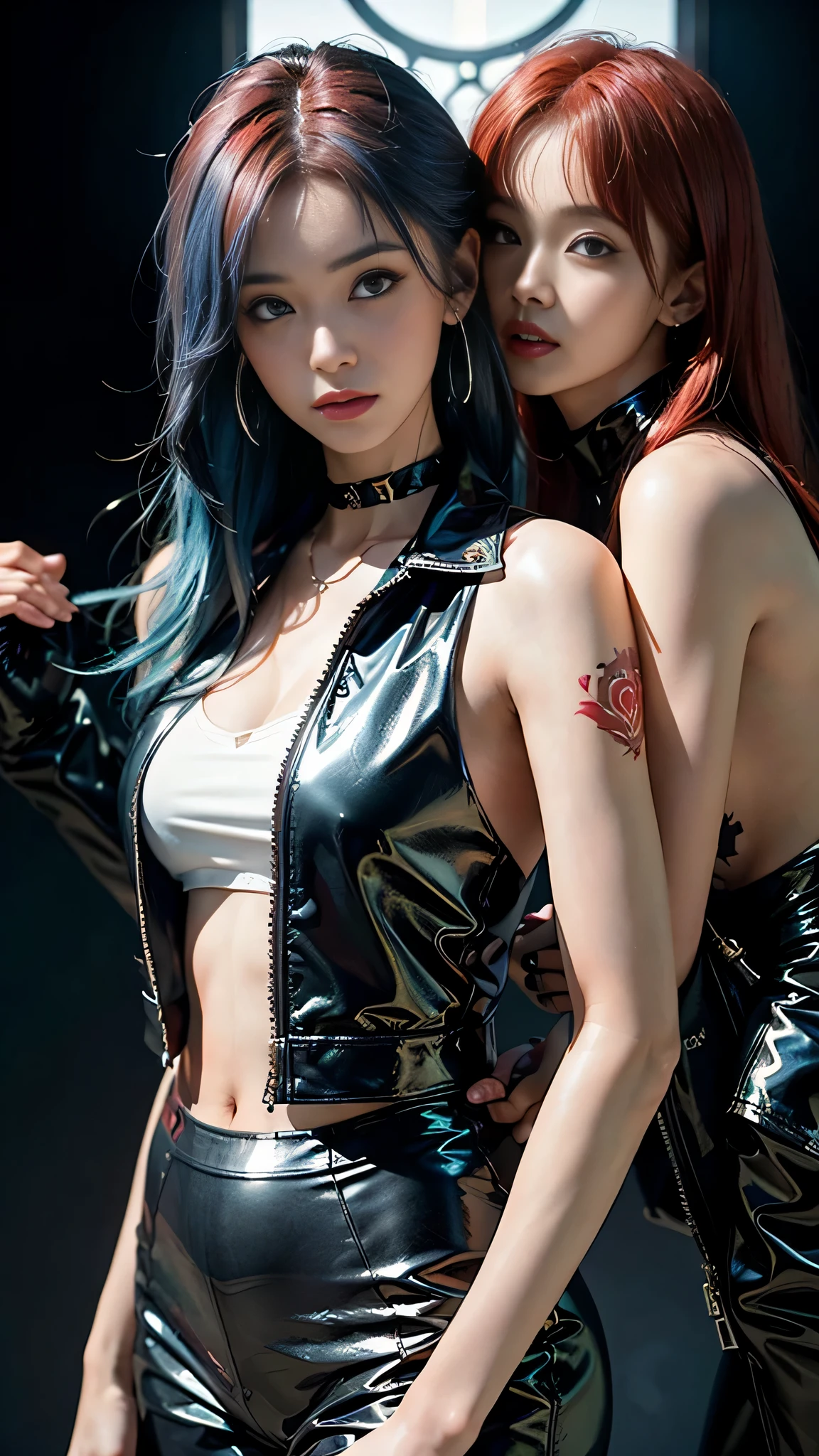 ((masterpiece:1.4)、(highest quality:1.4)、(realistic:1.7))、masterpiece:1.4、(Finest rendering:1.4)、beautiful girl dirty pair、(Beautiful Space Investigator Dirty Pair:1.4)、Kei and Yuri space investigator duo、(Kei and Yuri are cute girl names:1.2)、two investigators, Kei and Yuri stand side by side...、(Written by Luis Royo:1.4)、(hold a gun:1.2)、Body fit sexy investigator duo uniform、(luxury shiny latex:1.4)、(white sleeveless uniform jacket)、(Underwear red sexy super ultra bikini)、(luxury red latex:1.4)、19 years old、(cute tattoo:1.4)、(wearing white gloves)、(two cute girls:1.4)、super beautiful、sharp focus、portrait photography:1.4、8K、realistic photo images:1.4、(perfect female body:1.4)、perfect proportions、sexy couple、(Upper body shot:1.4)、beautiful face、(beautiful skin:1.4)、beautiful eyes、tight waist、(Beautiful girl with long legs and good style:1.4)、beautiful feet、(Kei has red hair:1.4)、(Yuri has blue hair:1.4)、(long hair:1.2)、beautiful breasts、big breasts:1.2、sexy ass、RAW photo、red lips、red high heels:1.4、choker:1.4、necklace:1.4、earrings:1.4、1 screen display、cyberpunk city:1.2