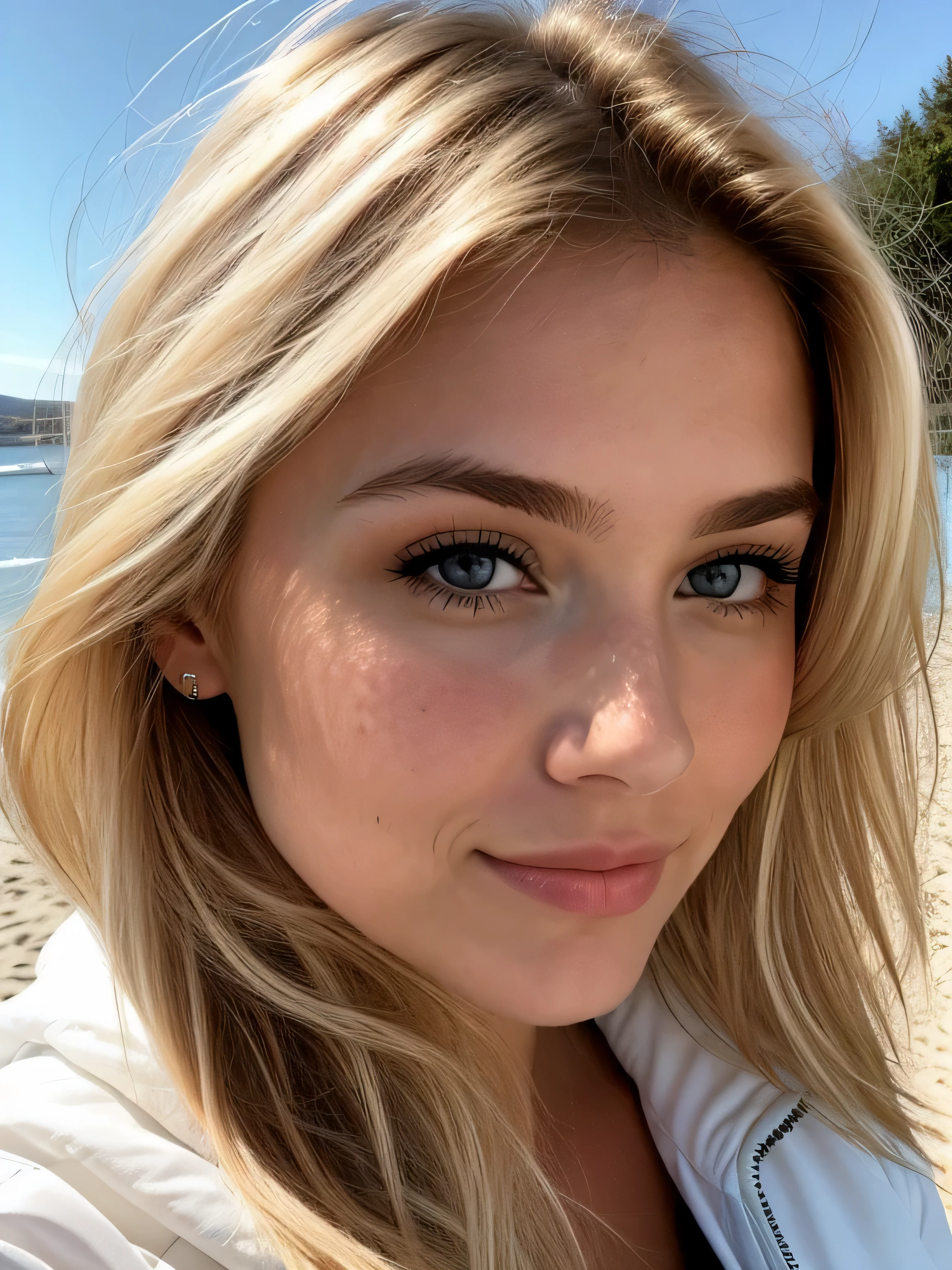 une femme blonde de 23 ans prend un selfie en plein air au soleil sur une plage de galets, grand ciel bleu, Grand soleil, la mer couvre une grande partie du fond, Photorealism, Blonde Hair with Light Brown Roots, cheveux blond, Cheveux avec des racines brunes, yeux bleus, belle femme, vue de face, Extreme close-up of the face, zoom sur le visage, elle porte un blouson noir d'hiver, high quality, selfie