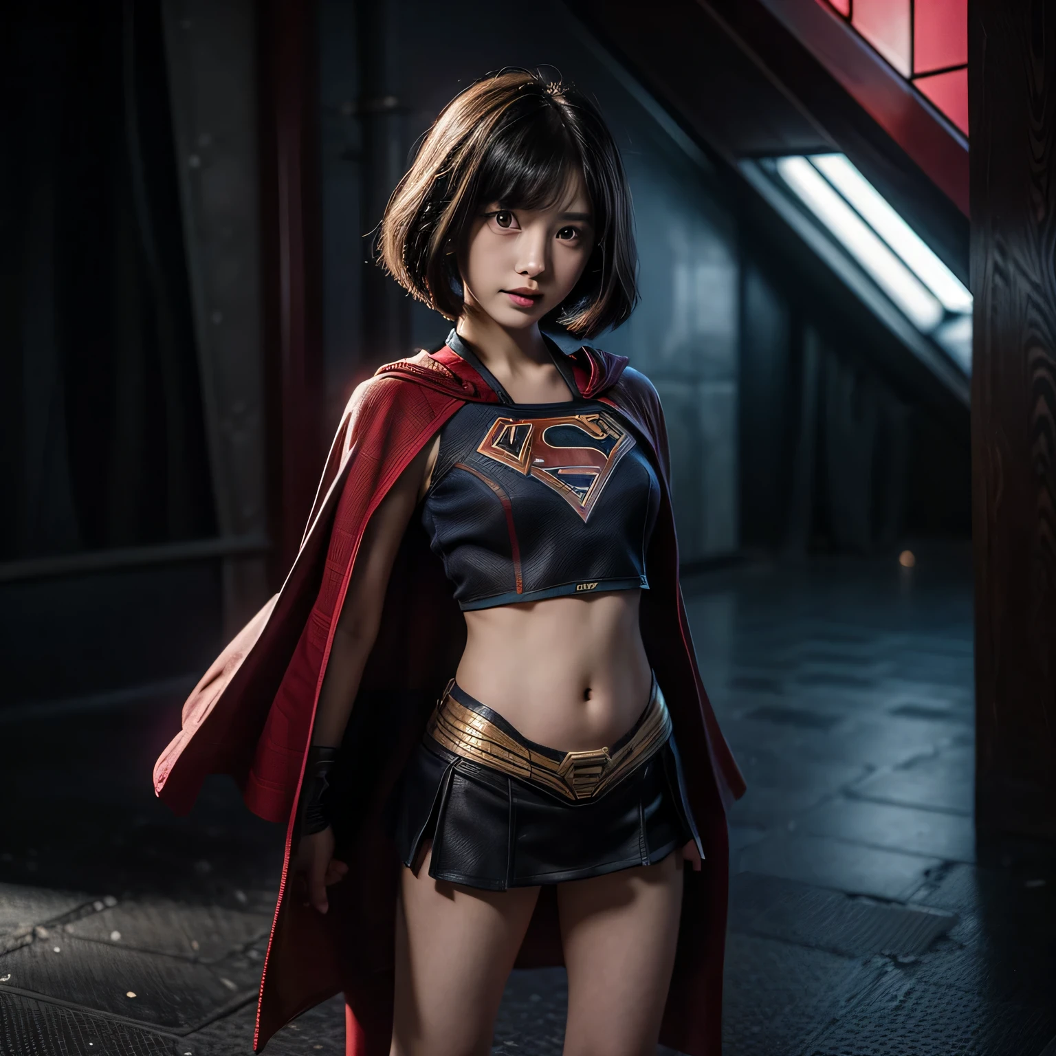 super girl elementary school student, masterpiece, highest quality, abstract, psychedelic, neon, (honeycomb pattern), (creative:1.3), fantasy 00d、 black hair、bob cut with trimmed ends、flat chest、Thin crotch、con、standing on the walkway、belly button、High-leg style、red cloak、pointed nipples
