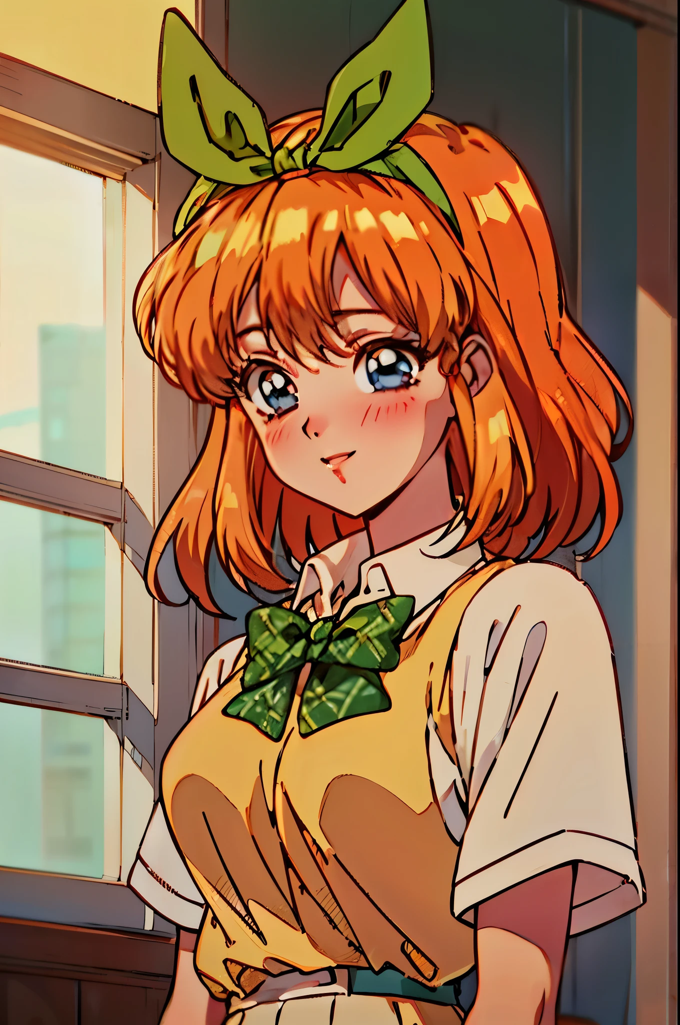Vintage anime girl, 90's anime style, old animes, noise, chromatic aberration, good quality, old anime, naoko takeuchi style, vintage anime, sparkling big eyes, sfw, pretty teenage girl with orange shoulder length hair, heart shaped lips and blue eyes making a cute face, laughing, japanese facial traits, asian facial traits, aayotsuba, Nakano Yotsuba from The Quintessential Quintuplets, real life Yotsuba Nakano, masterpiece, 4k, ultradetailed, cowboy shot, nakano yotsuba, shoulder length straight orange hair, straight hair, blue eyes, sparkling eyes, green hair bow ribbon, green bowtie, yellow sleeveless sweater, collared white shirt, green pleated skirt, school uniform, laughing happily