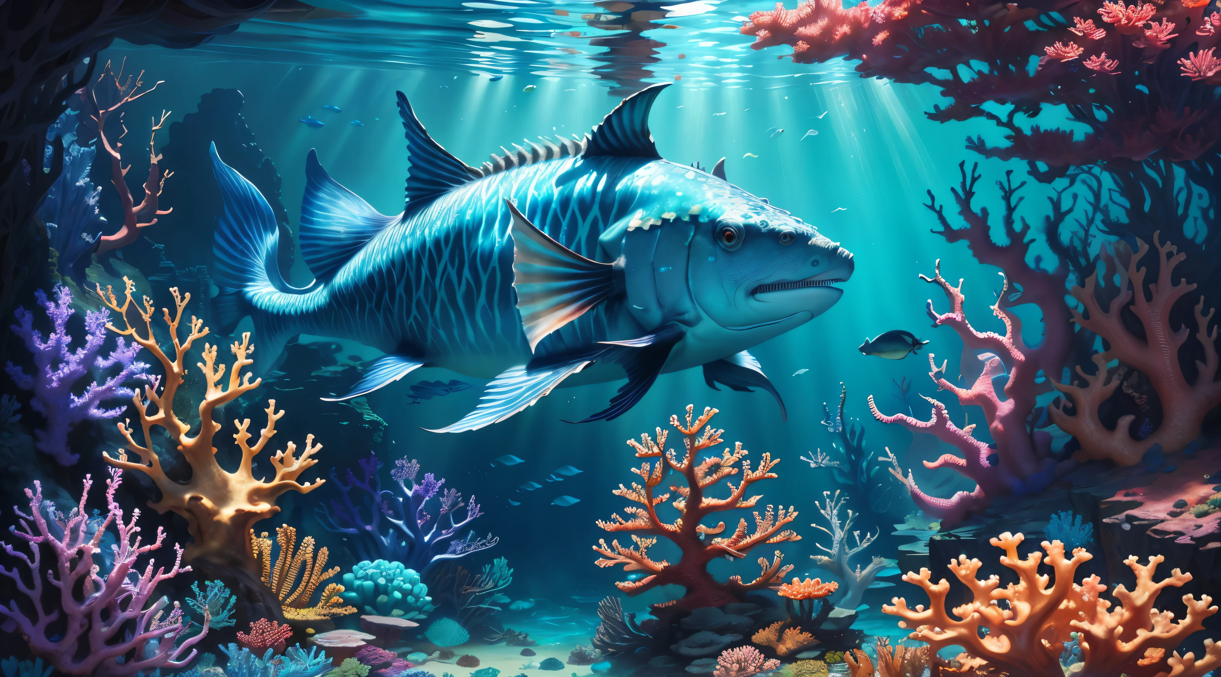 Underwater world, Deep Sea, Epic reality, (HDR: 1.4), dappled sunlight, cool colors, Ancient ruins, full of design flair, Deep-sea creatures, coral, fantastic and incredible, Epic composition , (the hard part), (the hard part, Ultra detail: 1.2), art station, (masterpiece, Best quality) --at 6