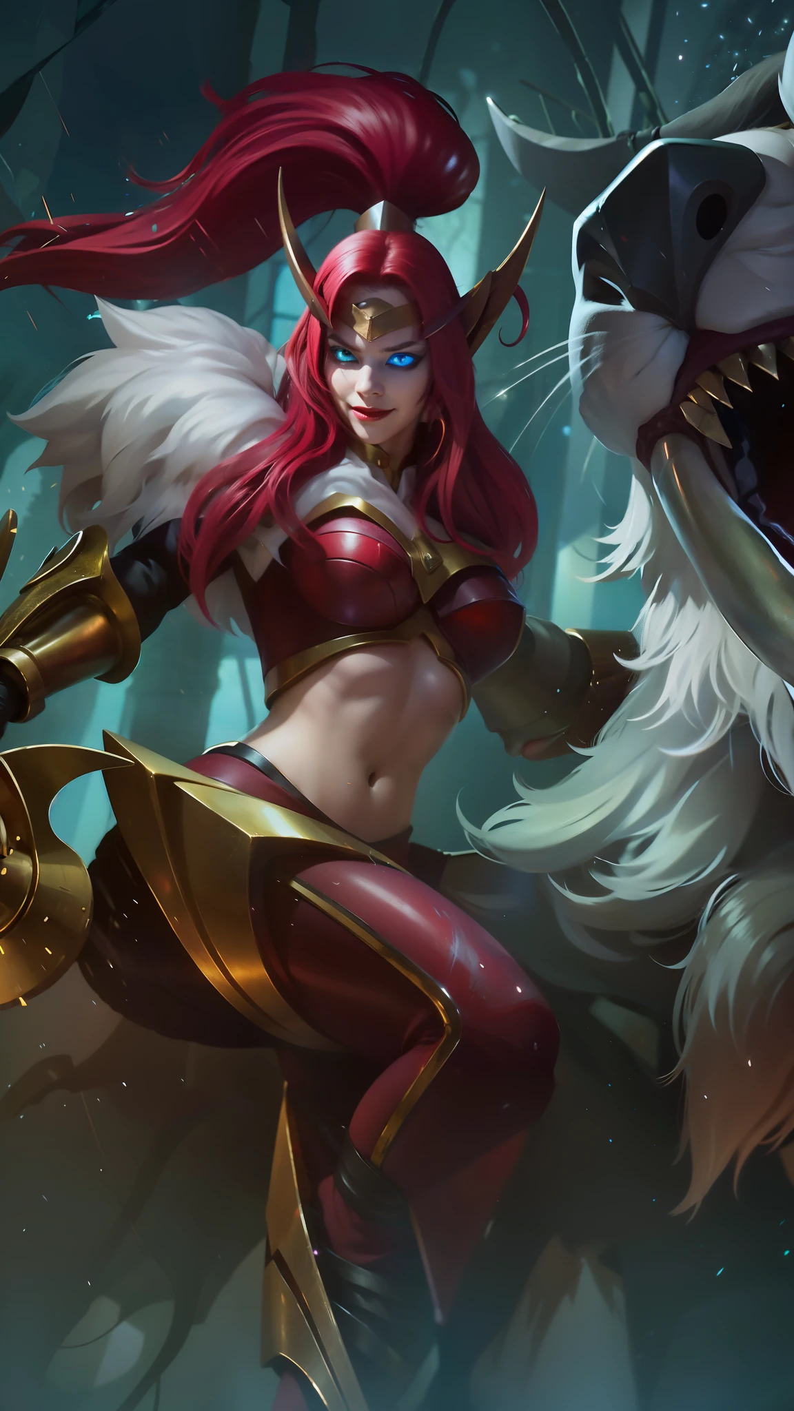 (female:1.2), 8k, ultra hd, ultra detailed texture, hyper realistic, masterpiece, detailed texture, detailed face, detailed skin, detailed lighting, (photorealistic:1.5), best quality, beautiful lighting, cinematic lighting, professional lighting, ultra highres, realistic, detailed hair, real hair, high quality, (realskin:1.5), extremely detailed, finely detail, ultra-detailed, 1girl, solo, elf, pointy ears, standing, demon horns, forehead protector, (red eyes:1.5), v-shapped eyebrow, lips, red lips, evil smile, nose, make up, pretty, beautiful, cute face, long hair, blue hair, high ponytail, large breasts, cleavage, armpit, navel, stomach, black armor, pauldrons, bare shoulders, shoulder armor, thigh high, sleevless, detached sleeves, breastplate, gauntlets, karina \(mobile legends\), depth of field, looking aways, white skin, skin tight, amazing pose, outdoors, glowing, dark view, blurry background.