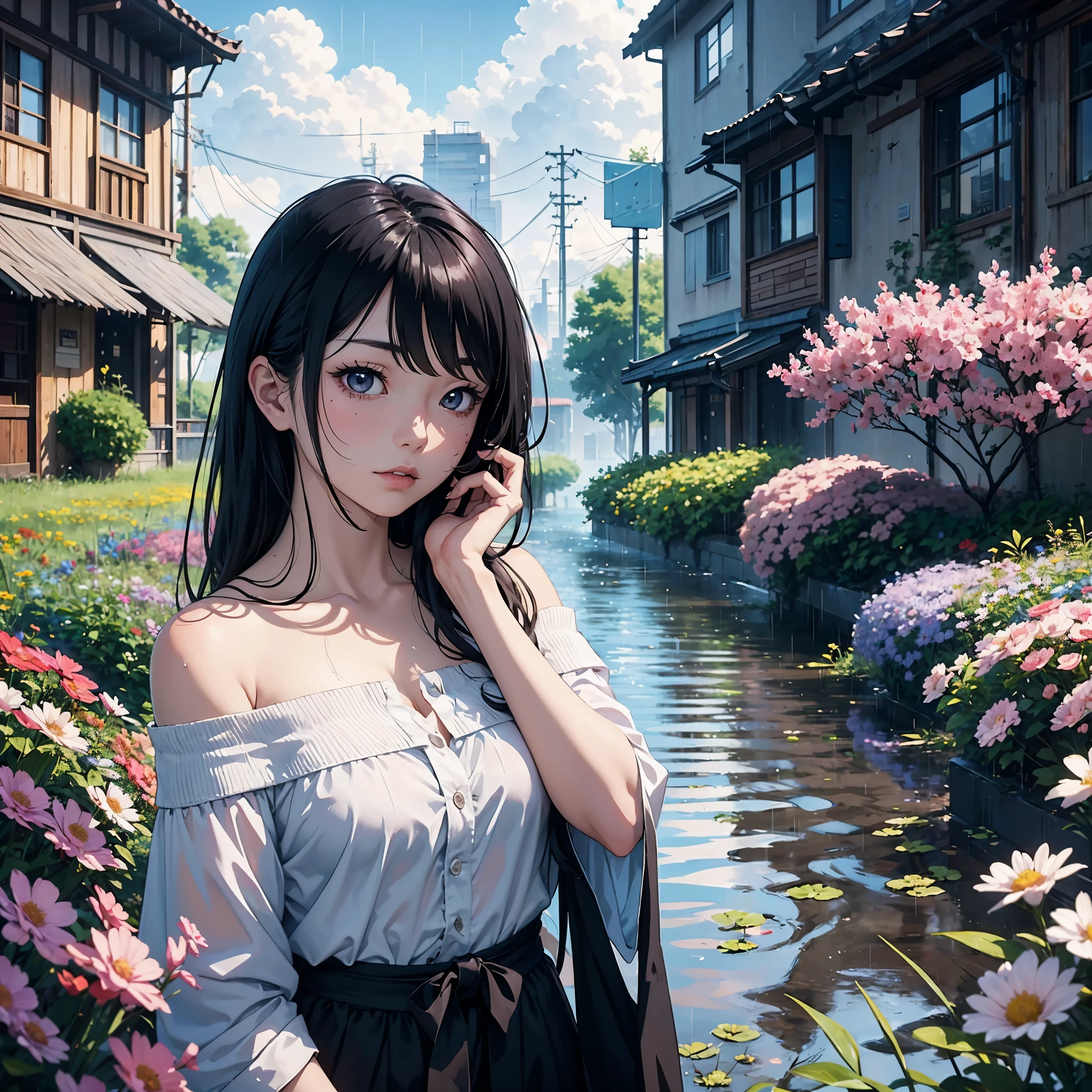 mature anime style, rain on face, cloudy sky, beautiful asian girl, off shoulder,  heavenly aura around, field of flowers, destiny watching, world is a flood, slowly I become one with the mud, cross in background, city scape