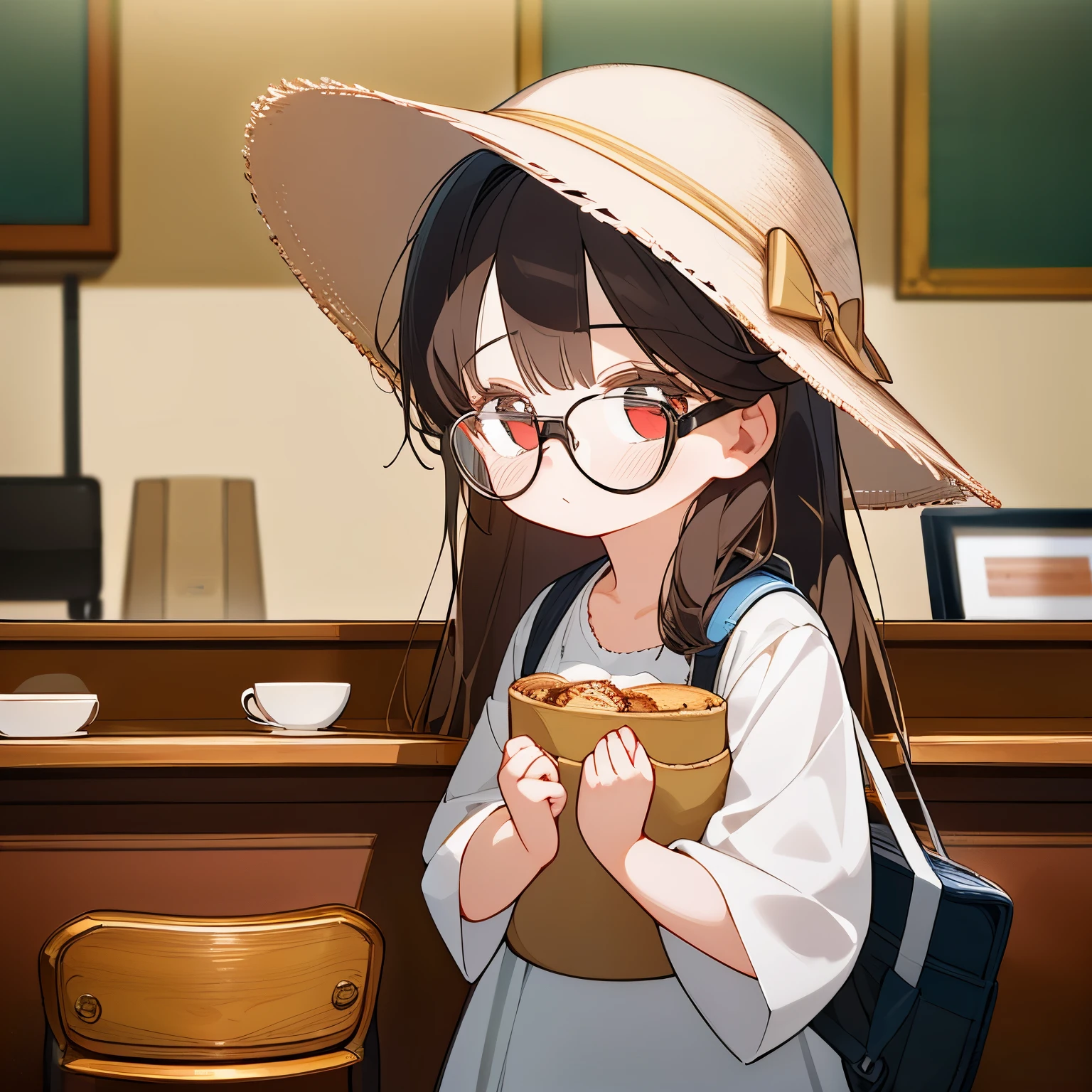 (best quality,masterpiece:1.3),((cute 1 girl:1.2)),(,8 :1.4), expressive eyes, perfect face, eye (red), Simple White Headphones, Bucket Hat, wolf hair Black, Round Glasses Black, Tote Bag, oversize shirt, cafe, low view