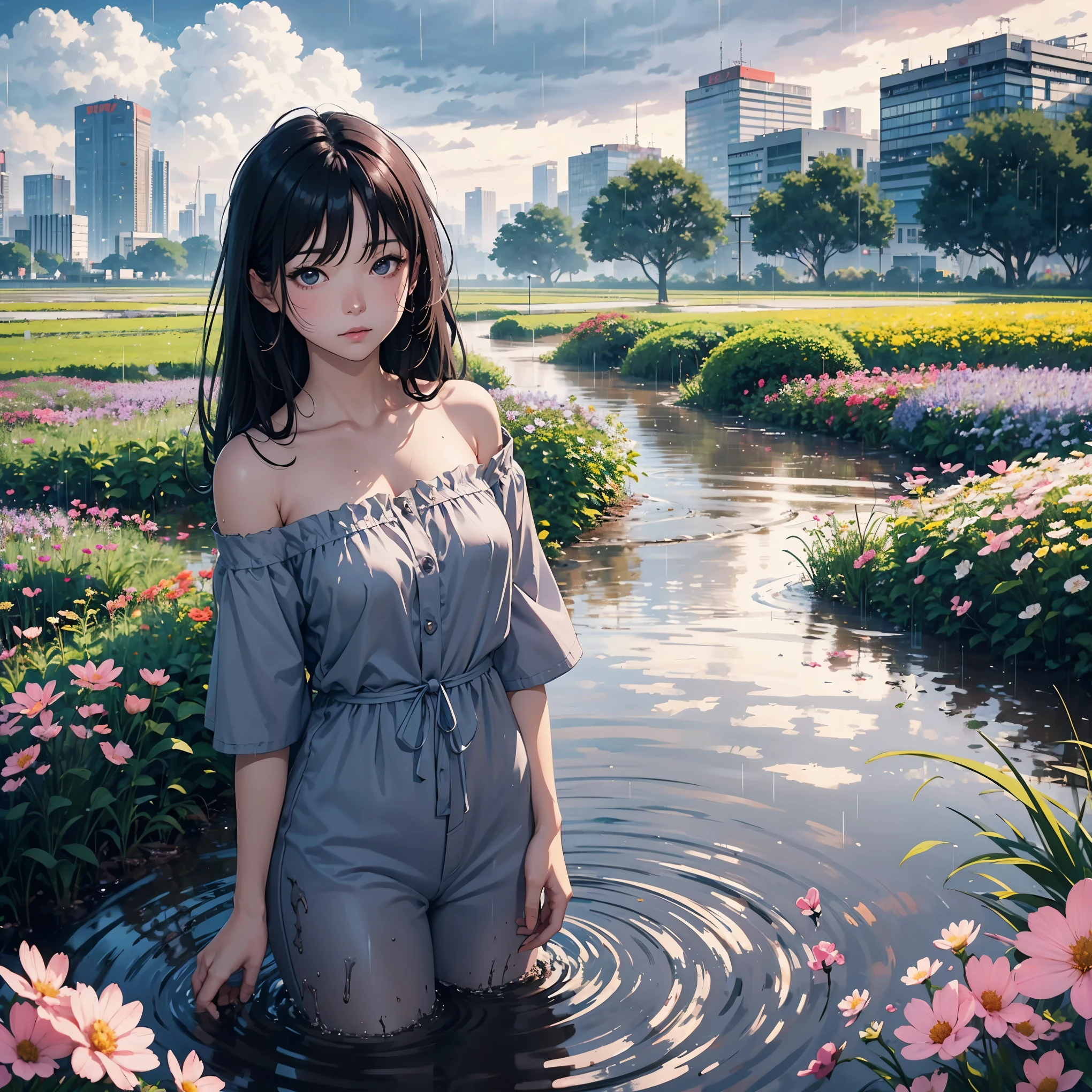 mature anime style, rain on face, cloudy sky, beautiful asian girl, off shoulder,  heavenly aura around, field of flowers, destiny watching, world is a flood, slowly I become one with the mud, cross in background, city scape,  naked, visible breasts, visible vagina