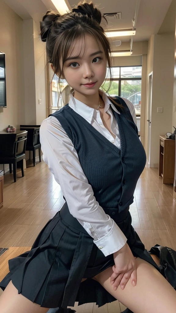 Japanese female one person、Transcendently beautiful、((24-years-old))、(((spread legs:1.4)))、((squirm:1.3))、((Blonde hair, but black hair around the hairline:1.2))、((One bun hair:1.2))、((navy blue cloth vest:1.25))、((Short dark blue skirt:1.25))、((White long sleeve cutter shirt:1.25))、(checked ribbon bow tie)、((from below:1.4))、(A hallway with slot machines on both sides in the background:1.35)、looking at the camera、smile、