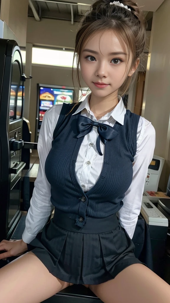 Japanese female one person、Transcendently beautiful、((24-years-old))、(((spread legs:1.4)))、((squirm:1.3))、((Blonde hair, but black hair around the hairline:1.2))、((One bun hair:1.2))、((navy blue cloth vest:1.25))、((Short dark blue skirt:1.25))、((White long sleeve cutter shirt:1.25))、(checked ribbon bow tie)、((from below:1.4))、(A hallway with slot machines on both sides in the background:1.35)、looking at the camera、smile、