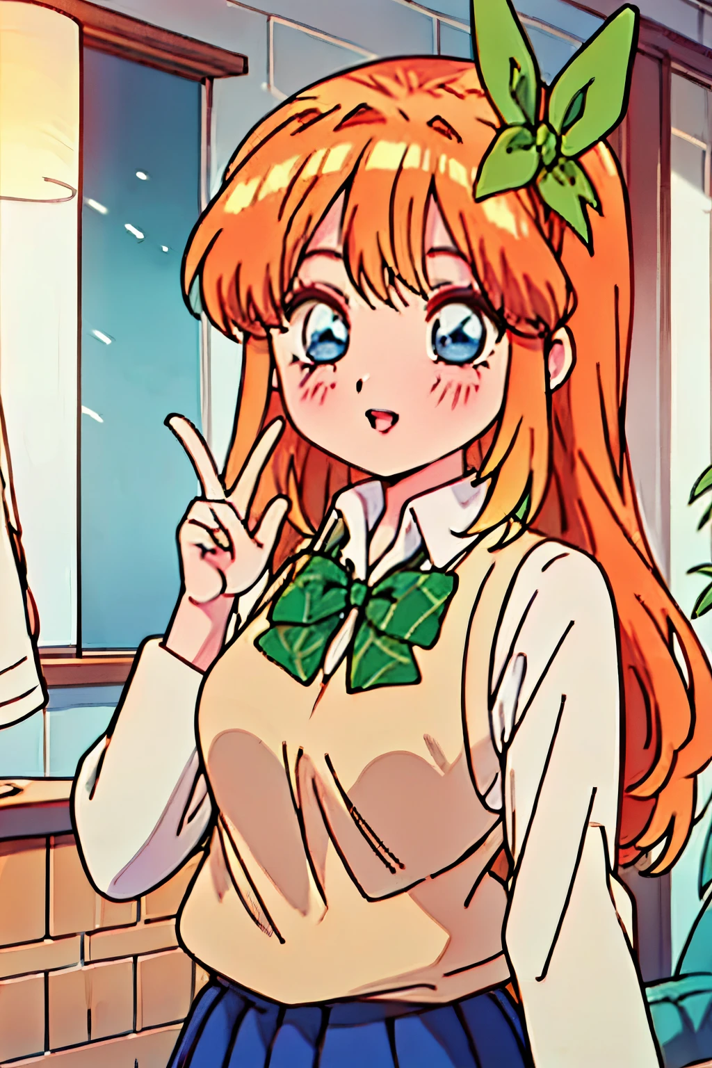 Vintage anime girl, 90's anime style, old animes, noise, chromatic aberration, good quality, old anime, naoko takeuchi style, vintage anime, sparkling big eyes,  sfw, pretty age girl with orange shoulder length hair, heart shaped lips and blue eyes making a cute face, laughing, japanese facial traits, asian facial traits, aayotsuba, Nakano Yotsuba from The Quintessential Quintuplets, real life Yotsuba Nakano, masterpiece, 4k, ultradetailed, cowboy shot, nakano yotsuba, shoulder length straight orange hair, straight hair, blue eyes, sparkling eyes, green hair bow ribbon, green bowtie, yellow sleeveless sweater, collared white shirt, green pleated skirt, school uniform, laughing happily