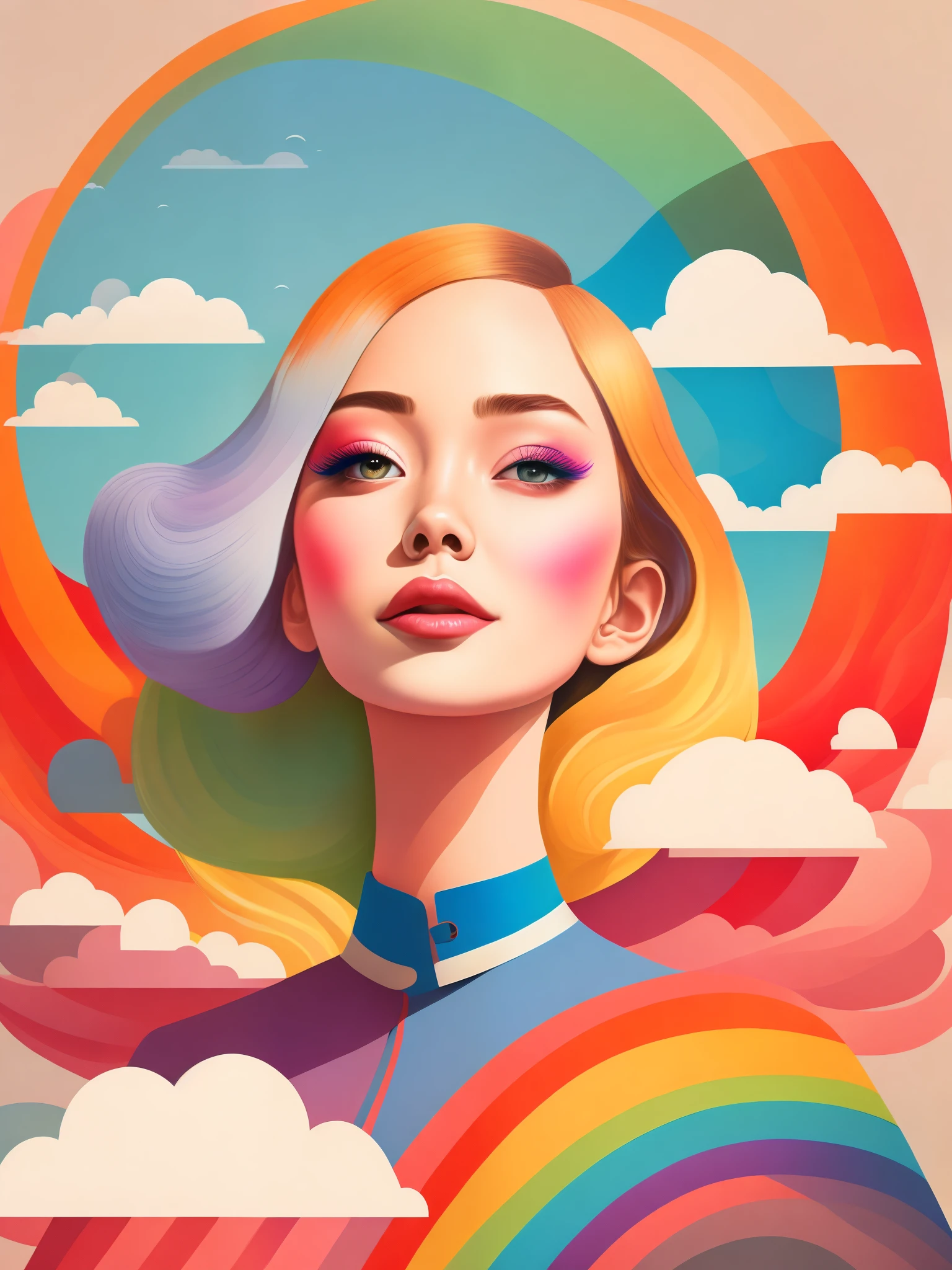 (masterpiece, best quality:1.2),art illustration，girl portrait，often neck，hair by clouds，Baiyun，rainbow，The composition，stitching，trees， rainbow,  , Contrasting colors, in the spring landscape, Abstract surreal colors,rich and colorful, popular geometric surrealism, rainbow色的梦想， icon design, Rozmin trip, vector art，