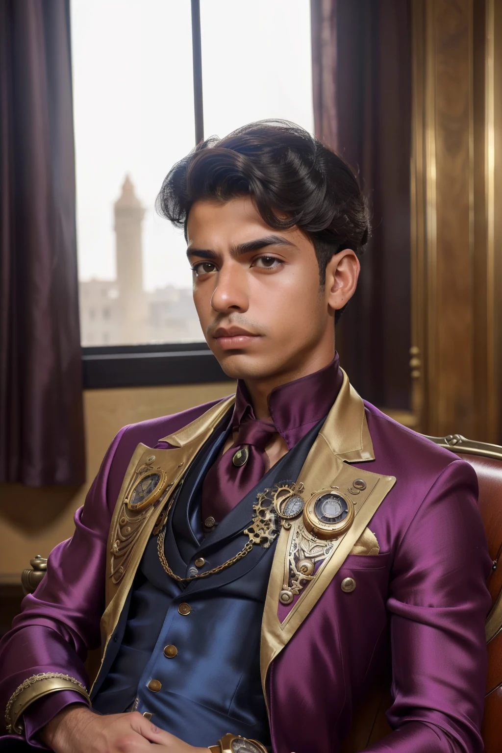 Steampunk Alexandria, Egypt, 2031. ((((16-year-old)) Dario Santiago)), spaniard boy, bronzed, dark hair, good-looking, in a ((student common room)), ((posh and angry expression)). ((((silk clothings from the 2030s)))) ((hairstyle of the 2030s))