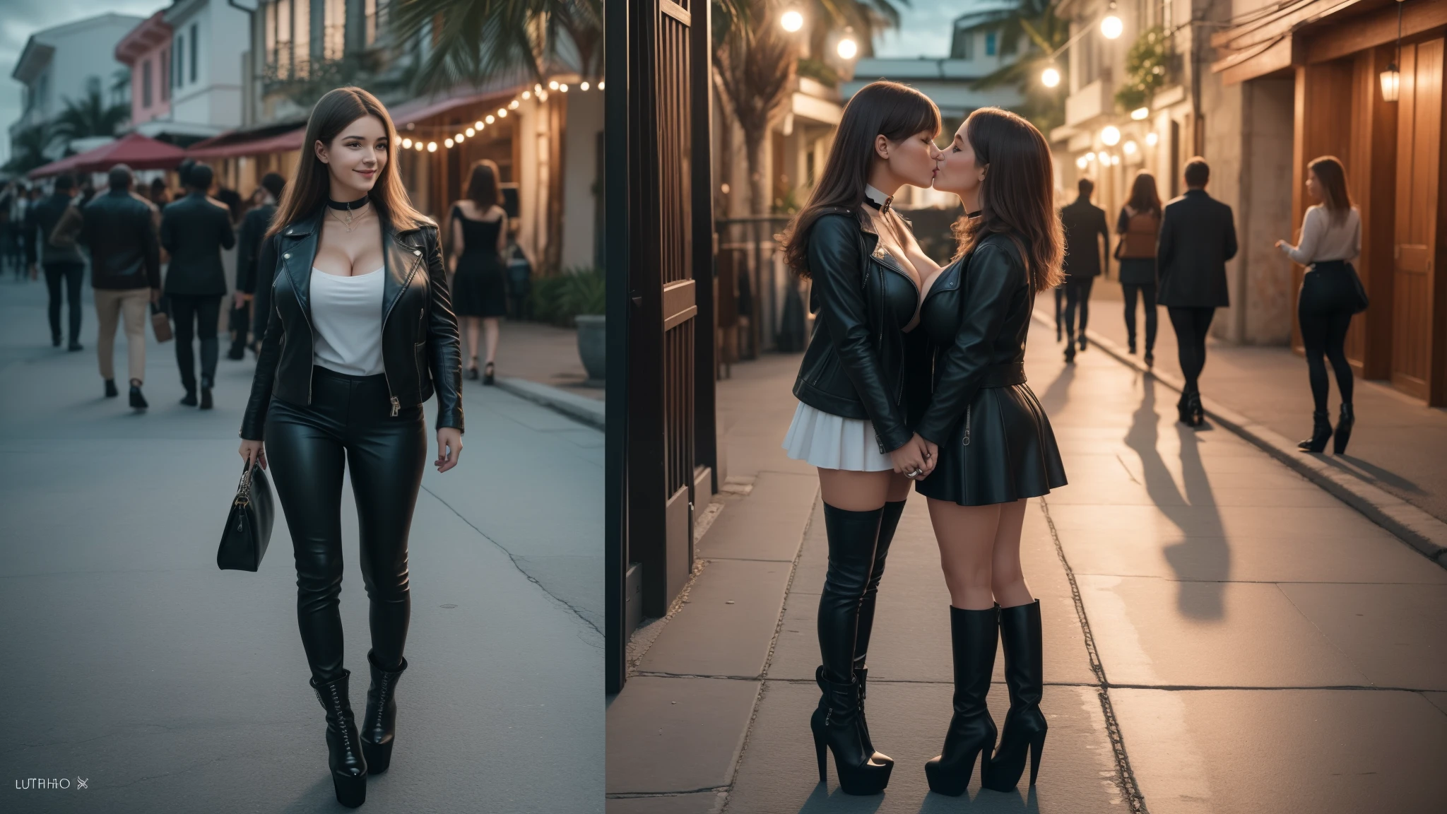 Capture a photorealistic, hyper-detailed image of 2 girls together in a single frame, smiling, (kissing:1.2), Dark hair, bob_cut hair, hair band, choker, (black high heeled platform boots:1.2), (big breasts:1.5), one is a curvy Russian woman in a black leather jacket at a party and white pants in the Caribbean. Another is a Russian girl who is of average build, with small . realistic skin texture. party in the background. Use film grain and ambient street lighting to create vintage shadows. evening. Export in RAW with a 'vintage elegance' Instagram LUT