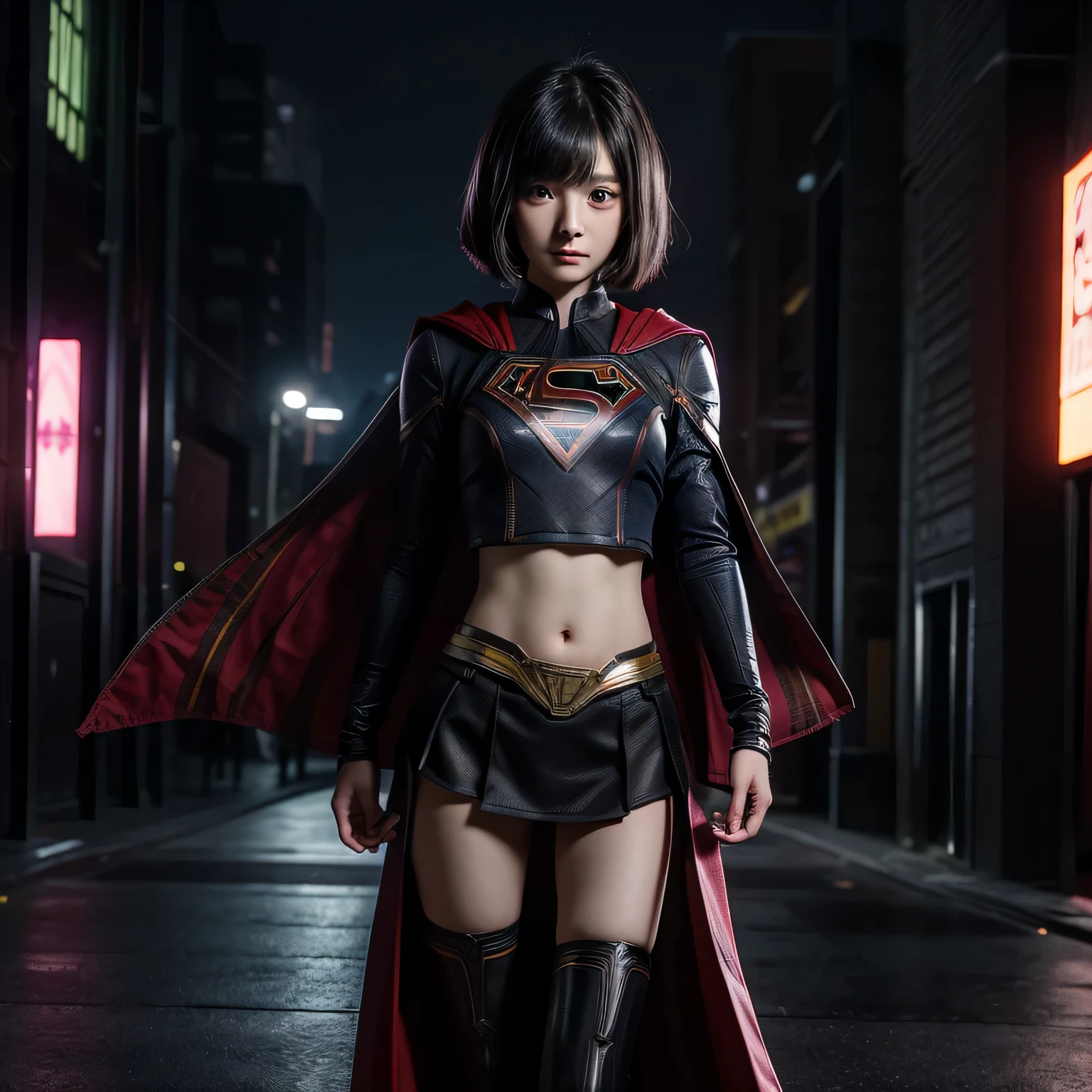 super girl elementary school student, masterpiece, highest quality, abstract, psychedelic, neon, (honeycomb pattern), (creative:1.3), fantasy 00d、 black hair、bob cut with trimmed ends、flat chest、Thin crotch、lolicon、standing on the walkway、belly button、High-leg style、red cloak、pointed nipples