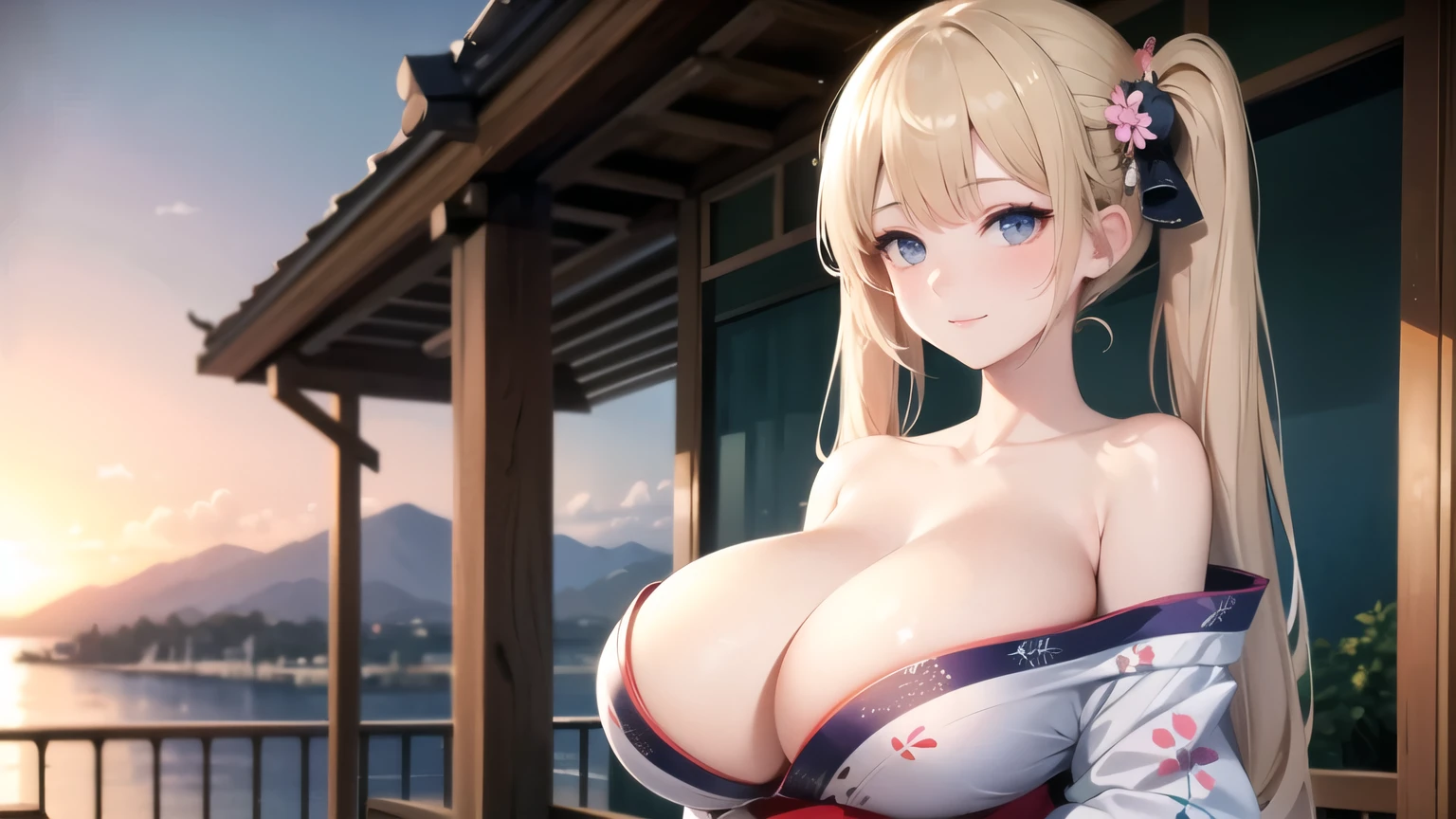 (((masterpiece, best quality))), (((superior quality))), cute girl, ((extremely detailed girl)), ((huge breasts)), (yukata), (bare shoulders), strapless top, slight smile, twin tail blonde