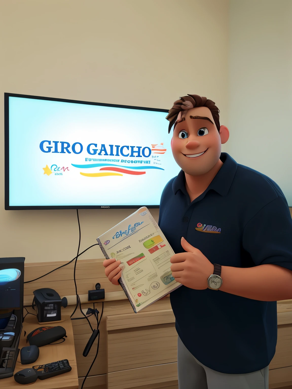 a man in the Disney Pixar 3D animation style, holding a menu, realistic features
