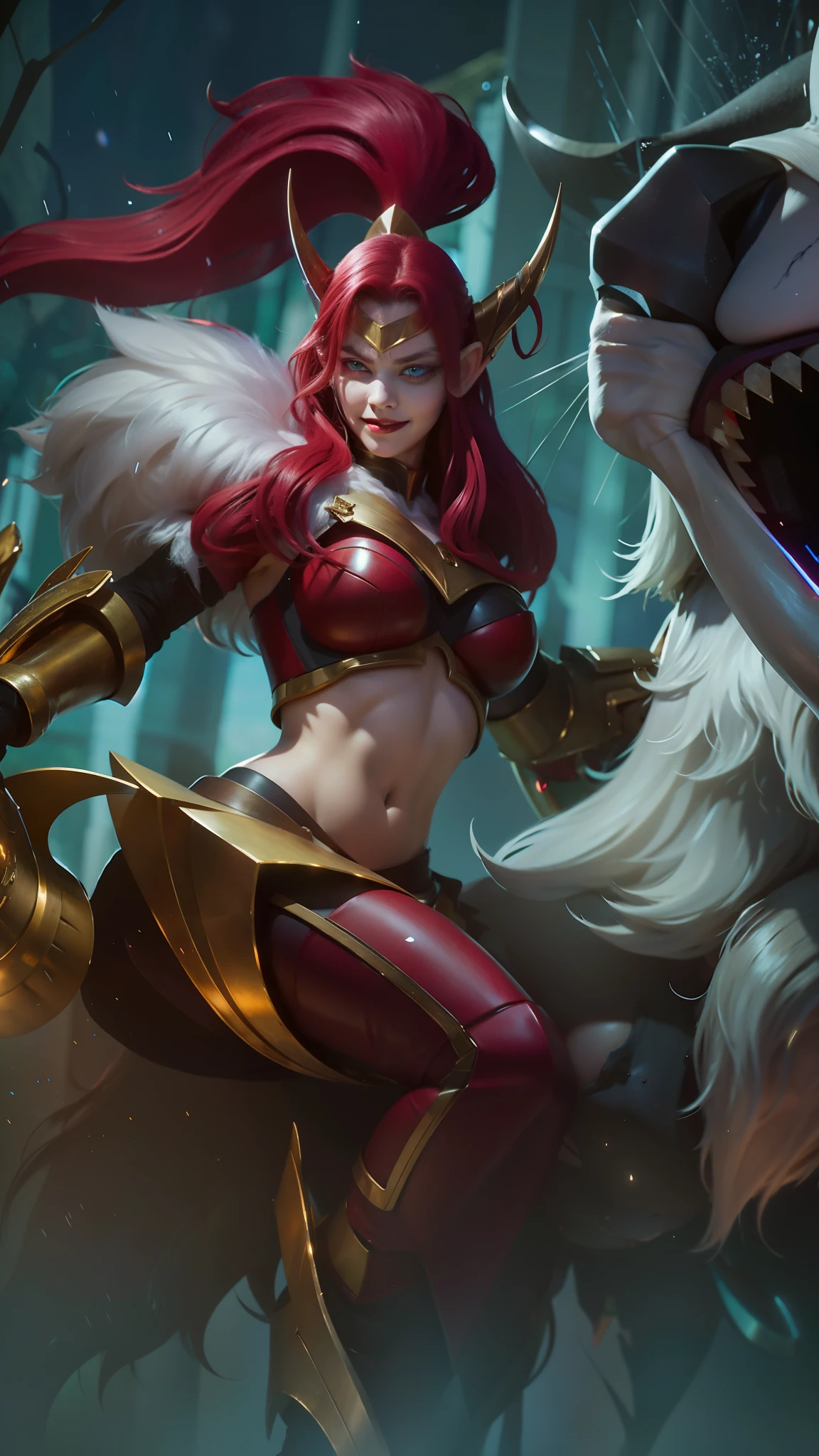 (female:1.2), 8k, ultra hd, ultra detailed texture, hyper realistic, masterpiece, detailed texture, detailed face, detailed skin, detailed lighting, (photorealistic:1.5), best quality, beautiful lighting, cinematic lighting, professional lighting, ultra highres, realistic, detailed hair, real hair, high quality, (realskin:1.5), extremely detailed, finely detail, ultra-detailed, 1girl, solo, elf, pointy ears, standing, demon horns, forehead protector, (red eyes:1.5), v-shapped eyebrow, lips, red lips, evil smile, nose, make up, pretty, beautiful, cute face, long hair, blue hair, high ponytail, large breasts, cleavage, armpit, navel, stomach, black armor, pauldrons, bare shoulders, shoulder armor, thigh high, sleevless, detached sleeves, breastplate, gauntlets, karina \(mobile legends\), depth of field, looking aways, white skin, skin tight, amazing pose, outdoors, glowing, dark view, blurry background.