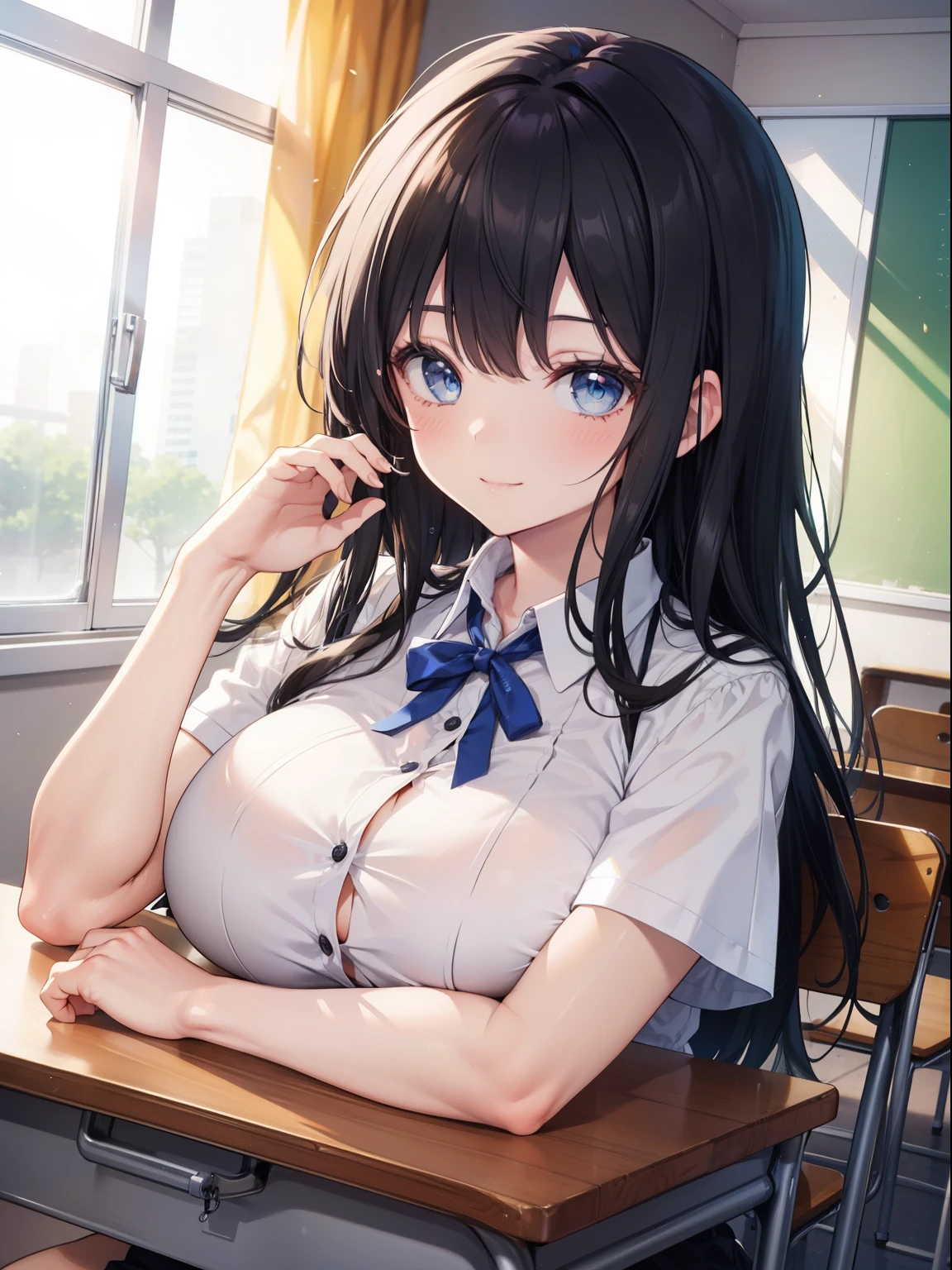 (table top, highest quality, High resolution, nffsw, perfect pixel, Depth of bounds written, 4K), 
1 girl, alone, , beautiful anime girl, 
looking at the viewer, 
perfect body,  

blush all over the face, 

throw, concentrated, 

nffsw, semi-long, black hair, blue eyes, huge breasts, 
white shirt, blue ribbon, short sleeve, 

a thoughtful smile, 
classroom, Beige curtains, Wind,