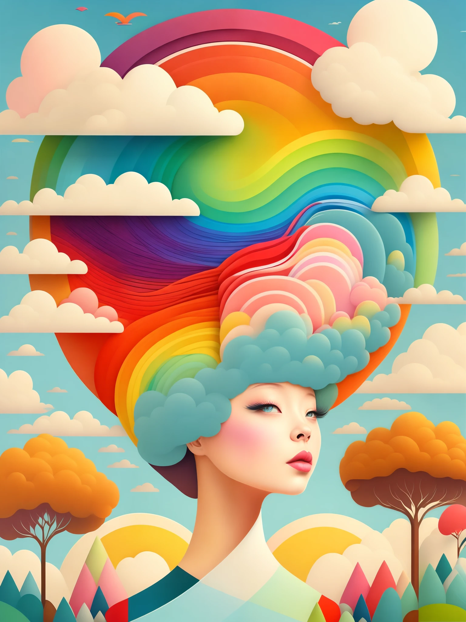 (masterpiece, best quality:1.2),art illustration，girl portrait，often neck，hair by clouds，Baiyun，rainbow，The composition，stitching，trees， rainbow,  , Contrasting colors, in the spring landscape, Abstract surreal colors,rich and colorful, popular geometric surrealism, rainbow色的梦想， icon design, Rozmin trip, vector art，
