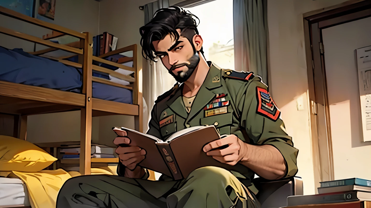 Karan Wahi with beard reading book in hostel in army uniform