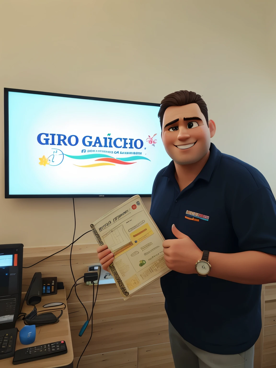 a charismatic man, in the Disney Pixar 3D animation style, holding a menu, realistic features
