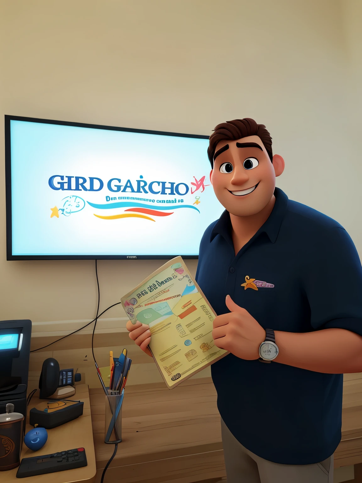 a charismatic man, in the Disney Pixar 3D animation style, holding a menu, realistic features
