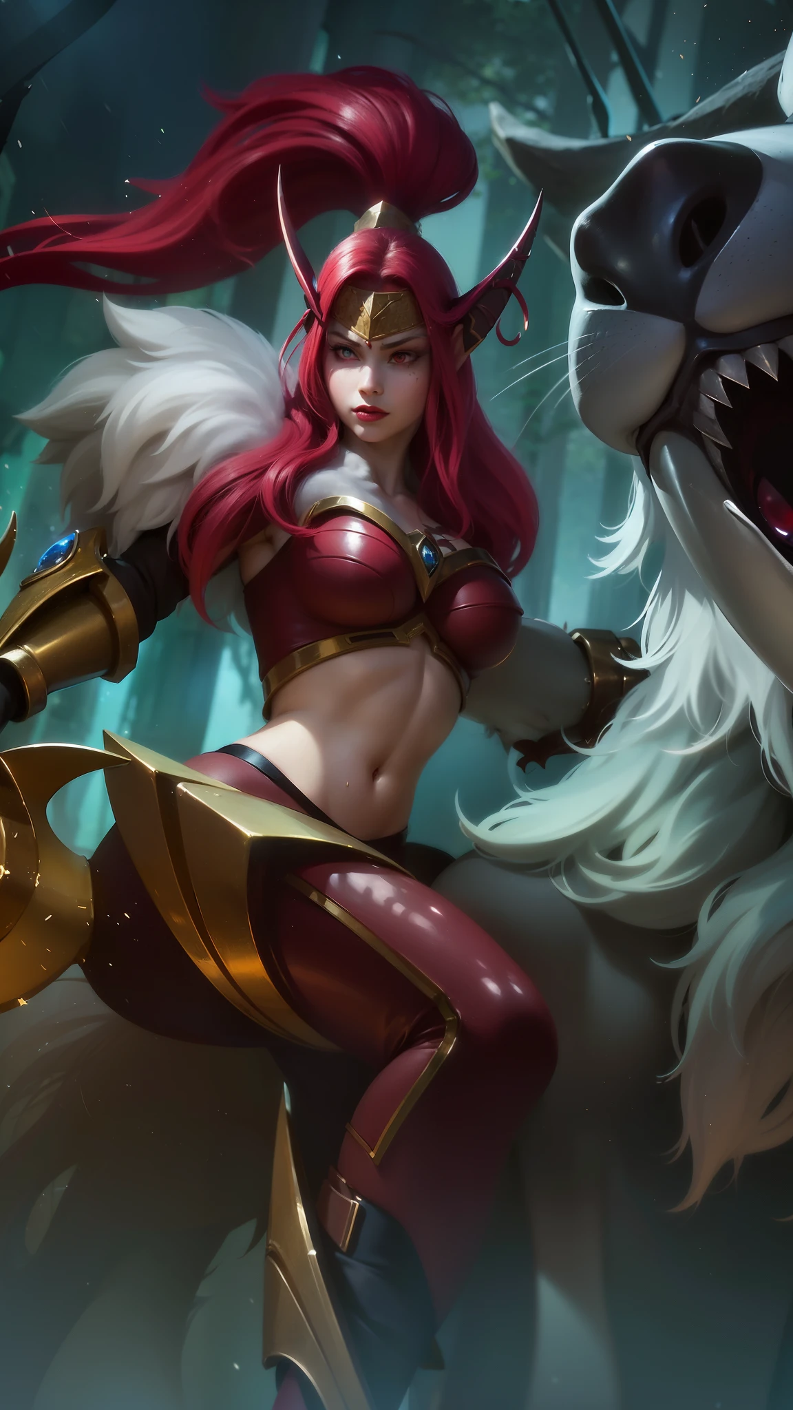 (female:1.2), 8k, ultra hd, ultra detailed texture, hyper realistic, masterpiece, detailed texture, detailed face, detailed skin, detailed lighting, (photorealistic:1.5), best quality, beautiful lighting, cinematic lighting, professional lighting, ultra highres, realistic, detailed hair, real hair, high quality, (realskin:1.5), extremely detailed, finely detail, ultra-detailed, 1girl, solo, elf, pointy ears, standing, demon horns, forehead protector, (red eyes:1.5), v-shapped eyebrow, lips, red lips, evil smile, nose, make up, pretty, beautiful, cute face, long hair, blue hair, high ponytail, large breasts, cleavage, armpit, navel, stomach, black armor, pauldrons, bare shoulders, shoulder armor, thigh high, sleevless, detached sleeves, breastplate, gauntlets, karina \(mobile legends\), depth of field, looking aways, white skin, skin tight, amazing pose, outdoors, glowing, dark view, blurry background