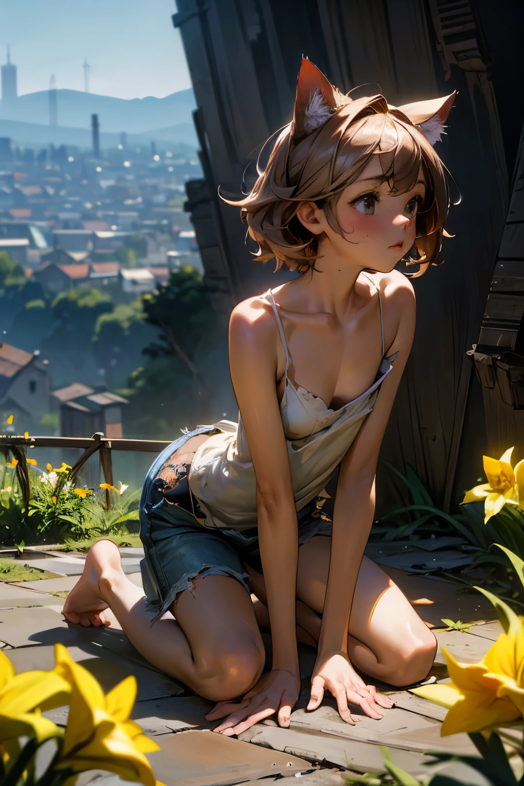 ((Masterpiece)), ((best quality)), (Professional Photography:1.2), (realistic:1.2), wide shot, cinematic lighting, very messy hair, (tattered and torn camisole, dirty white camisole), slightly exposed small breast, Slender body, small breasts, (shy and blush), barefoot, Textured skin, cat ears, pale brown hair, Cute Beautiful girl, all-fours on the cliff, slum townscape, (daffodil), (hyacinth), (high cliff)