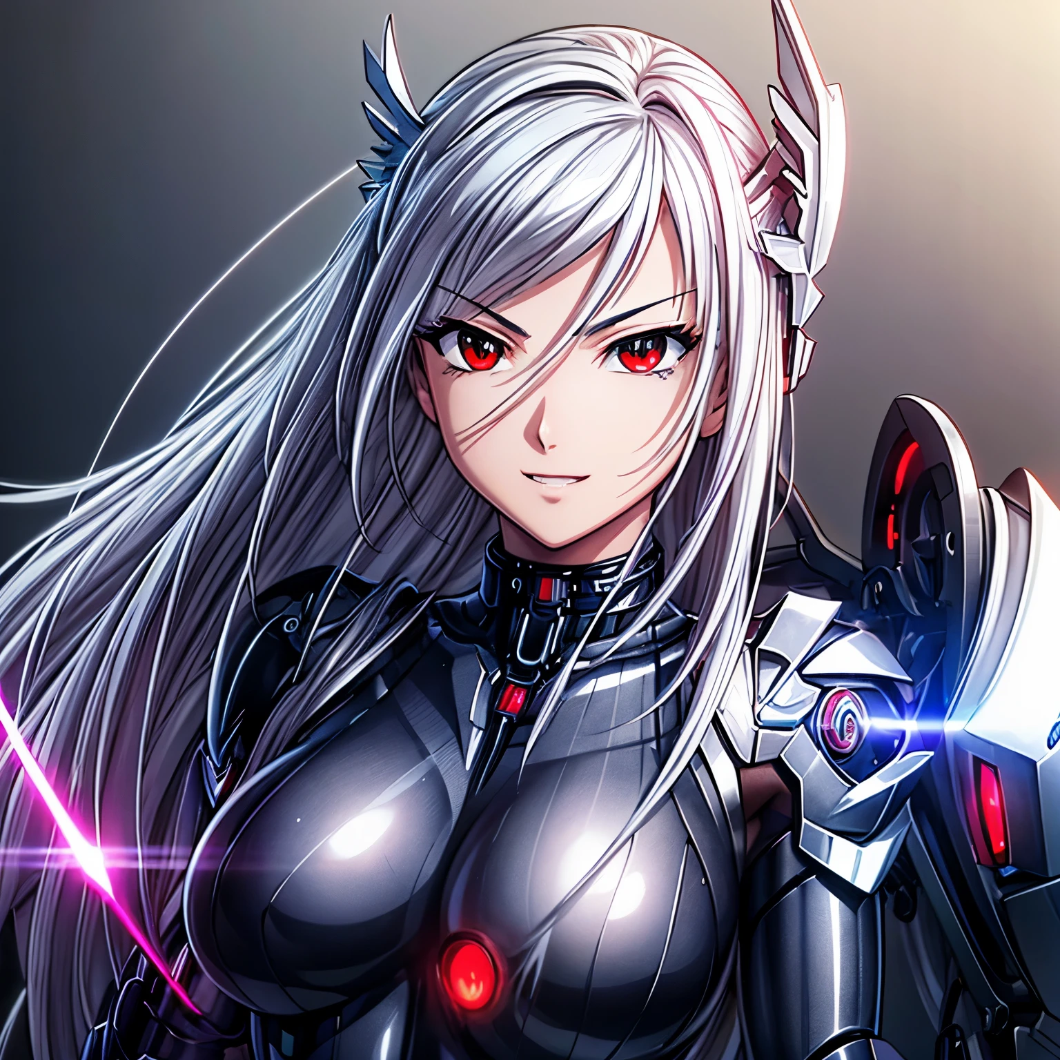 top-quality、masterpiece、超A high resolution、(Photorealsitic:1.4)、女の子1人、silver hair、Straight hair, shiny and clean hair、White shiny skin、Sexy Cyberpunk Girl、((super realistic details))、Shadow、octan render、ultrasharp、hyperdetailed face、Fiberglass、Luminous tube、highly intricate detail、Realistic light、CGSoation Trends、(red eyes with slit pupils)、(Facing the camera)、neon details、Mechanical limbs、Mechanical vertebrae attached to the back、mechanical cervical attaching to neck、Wires and cables connecting to the head、((valkyrie))、((Beam Cannon))、Combat stance、((seductive pose:0.8))、(light_Smile:1.0)、full body、