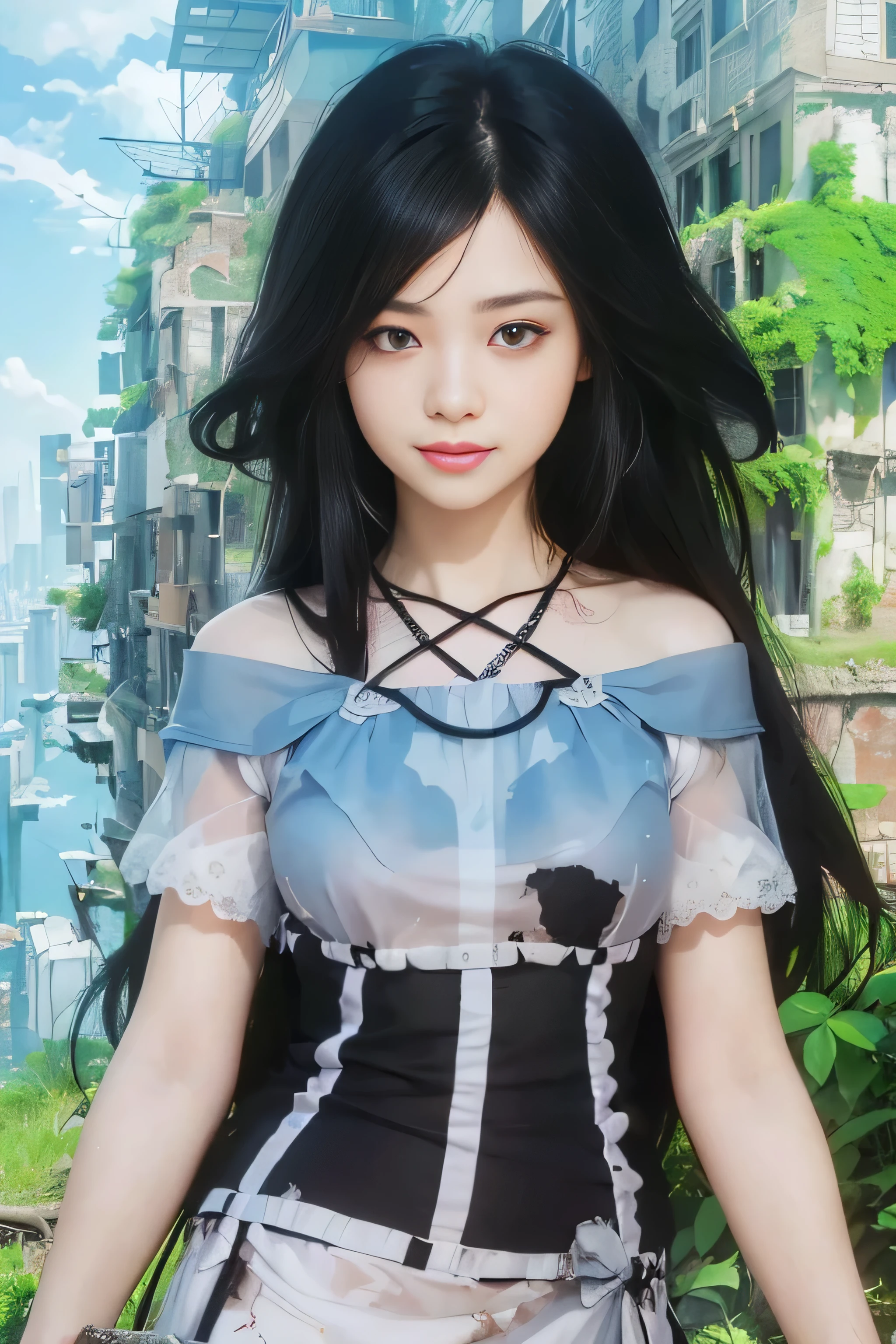 masterpiece, best quality, (realistic,photo-realistic:1.4), (RAW photo:1.2), extremely detailed CG unity 8k wallpaper, delicate and beautiful, amazing,finely detail, official art, absurdres, incredibly absurdres, huge filesize, ultra-detailed,extremely detailed eyes and face,light on face,(little smile),(black hair:1.4),long hair,(wearing dress:1.4),(abandoned city background:1.4)