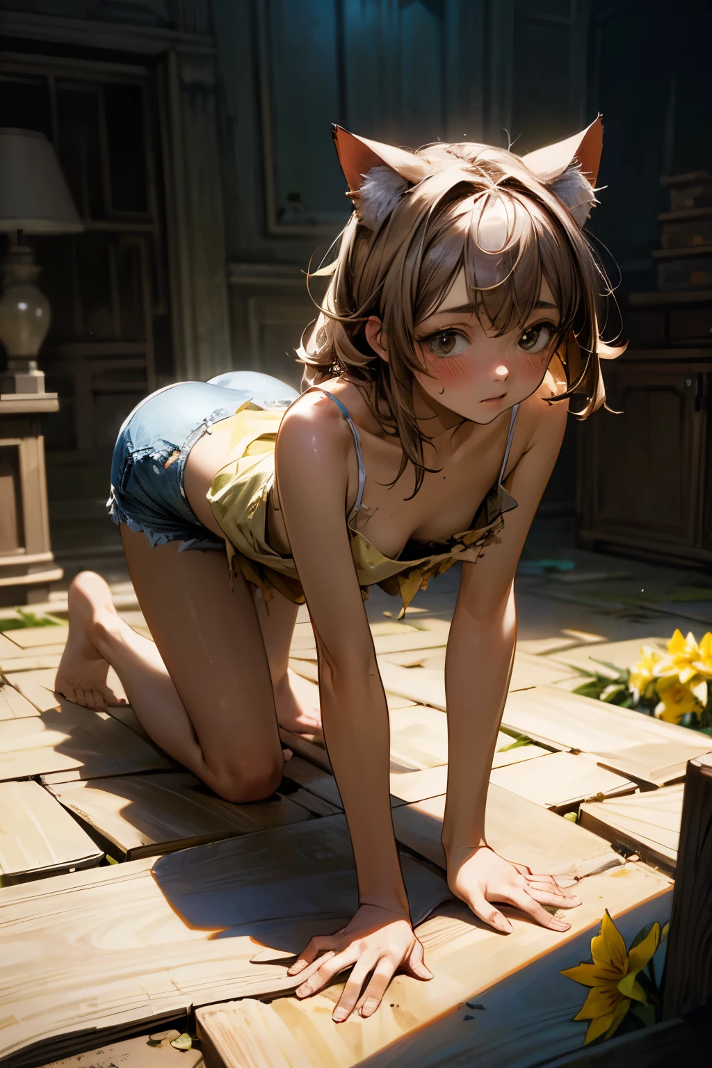 ((Masterpiece)), ((best quality)), (Professional Photography:1.2), (realistic:1.2),  girl, wide shot, cinematic lighting, very messy hair, (tattered and torn camisole, dirty white camisole), slightly exposed small breast, Slender body, small breasts, (shy and blush), barefoot, Textured skin, cat ears, pale brown hair, Cute Beautiful girl, all-fours on the cliff, slum townscape, (daffodil), (hyacinth), (high cliff)