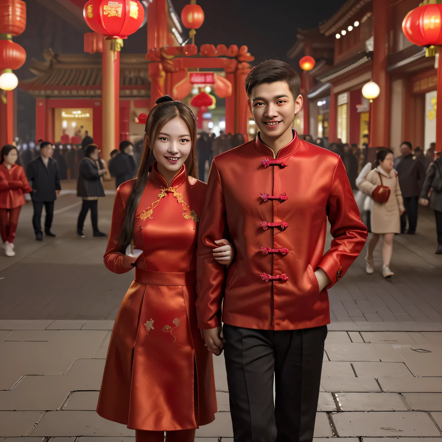 Create realistic 3D images：A young man and woman wearing red clothes stand on the street in China，Holding a red envelope in his hand，smile on face，New Year’s greetings to everyone。 They are surrounded by red lanterns and flowers。