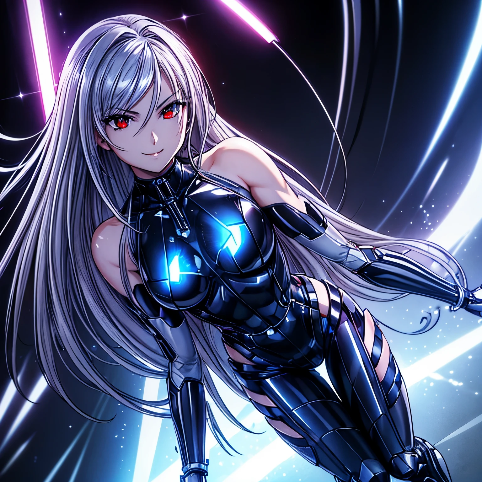 top-quality、​masterpiece、超A high resolution、(Photorealsitic:1.4)、女の子1人、silver hair、Straight hair, shiny and clean hair、White shiny skin、Sexy Cyberpunk Girl、((super realistic details))、Shadow、octan render、ultrasharp、hyperdetailed face、Fiberglass、Luminous tube、highly intricate detail、Realistic light、CGSoation Trends、(red eyes with slit pupils)、(Facing the camera)、neon details、Mechanical limbs、Mechanical vertebrae attached to the back、mechanical cervical attaching to neck、Wires and cables connecting to the head、((valkyrie))、((Beam Cannon))、Combat stance、((seductive pose:0.8))、(light_Smile:1.0)、full body、