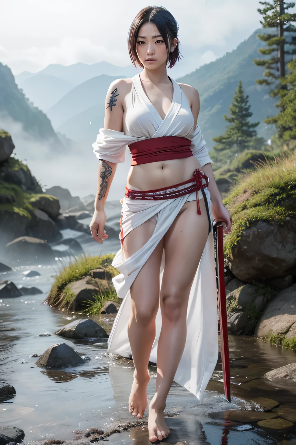 realistic photo of a beautiful Japanese female warrior with tattoos like a yakuza, white skin, wearing a short white sarong, short red hair, carrying a katana sword, barefoot, standing beautifully in the middle of very heavy rain. in an area with a backdrop of towering misty mountains. ultra realistic, 8k, ultra hdr, full body photoshoot.