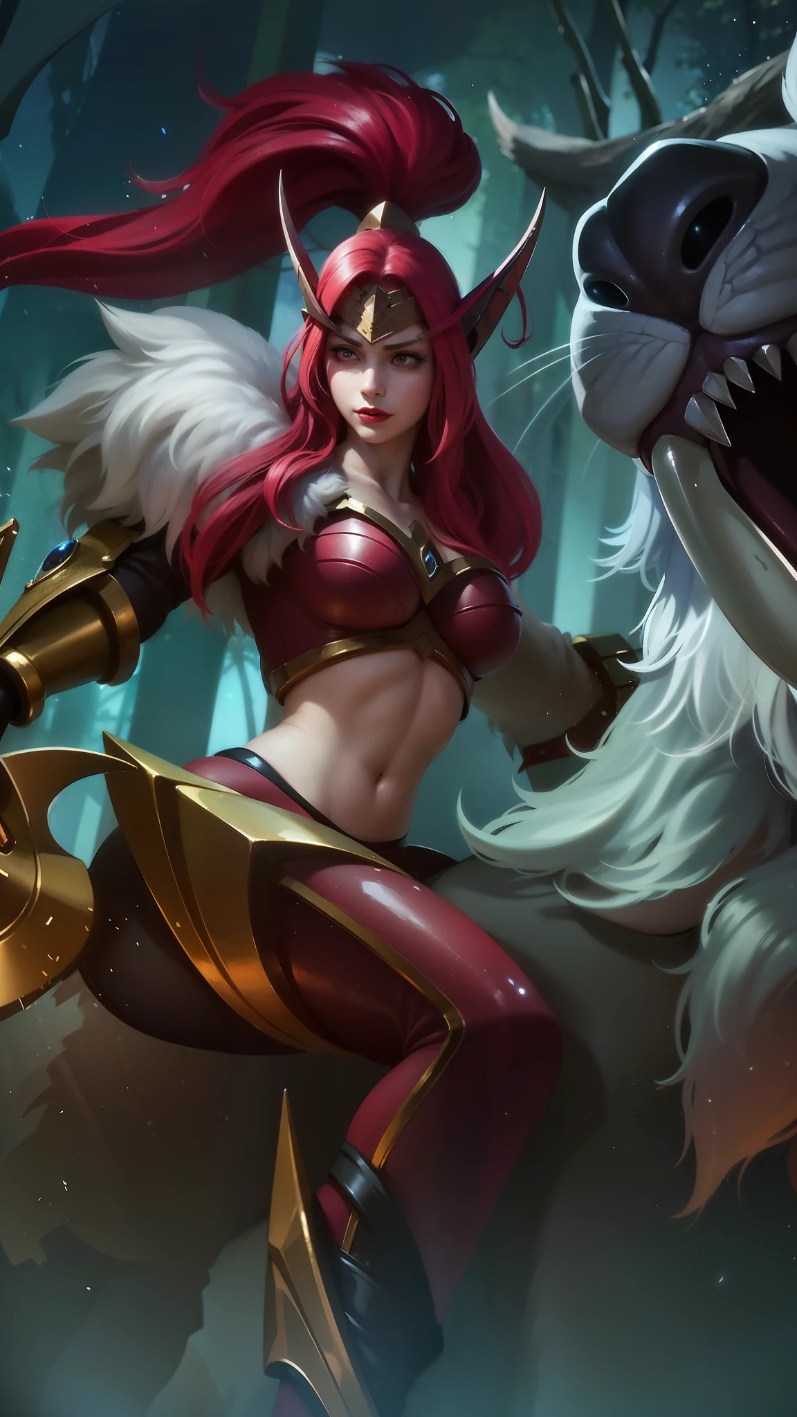 (female:1.2), 8k, ultra hd, ultra detailed texture, hyper realistic, masterpiece, detailed texture, detailed face, detailed skin, detailed lighting, (photorealistic:1.5), best quality, beautiful lighting, cinematic lighting, professional lighting, ultra highres, realistic, detailed hair, real hair, high quality, (realskin:1.5), extremely detailed, finely detail, ultra-detailed, 1girl, solo, elf, pointy ears, standing, demon horns, forehead protector, (red eyes:1.5), v-shapped eyebrow, lips, red lips, evil smile, nose, make up, pretty, beautiful, cute face, long hair, blue hair, high ponytail, large breasts, cleavage, armpit, navel, stomach, black armor, pauldrons, bare shoulders, shoulder armor, thigh high, sleevless, detached sleeves, breastplate, gauntlets, karina \(mobile legends\), depth of field, looking aways, white skin, skin tight, amazing pose, outdoors, glowing, dark view, blurry background