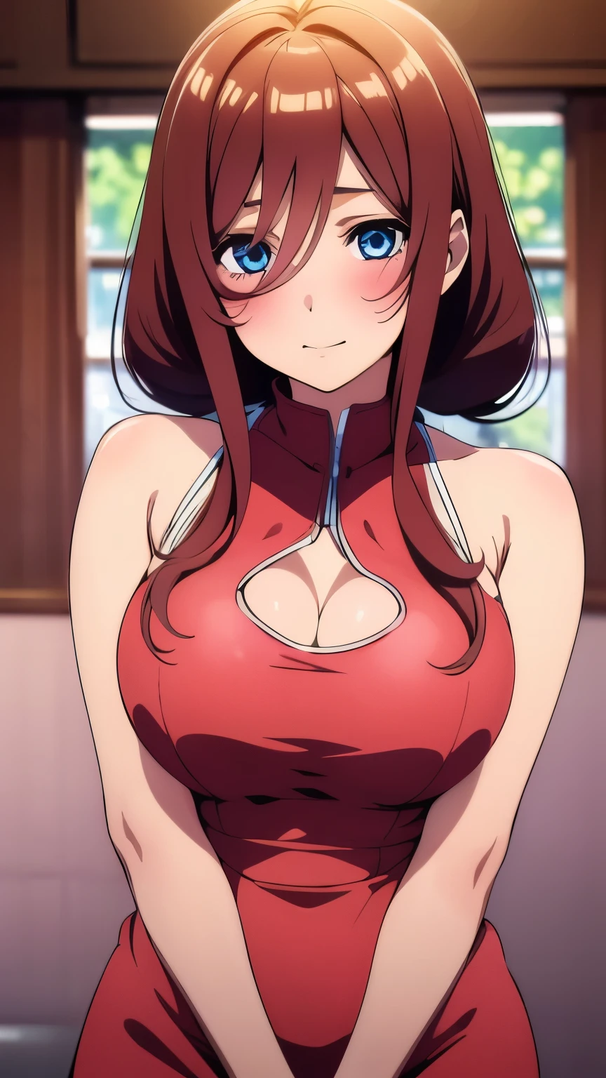 1girl,Miku nakano, sexy, detailed brown hair, beautiful detailed blue eyes, pinkish white skin, blushing, beautiful detailed face, happy expression, tight red dress, busty, arms crossed , hands detailed finger by finger , looking straight ahead , Good shadows, good lighting, 8k