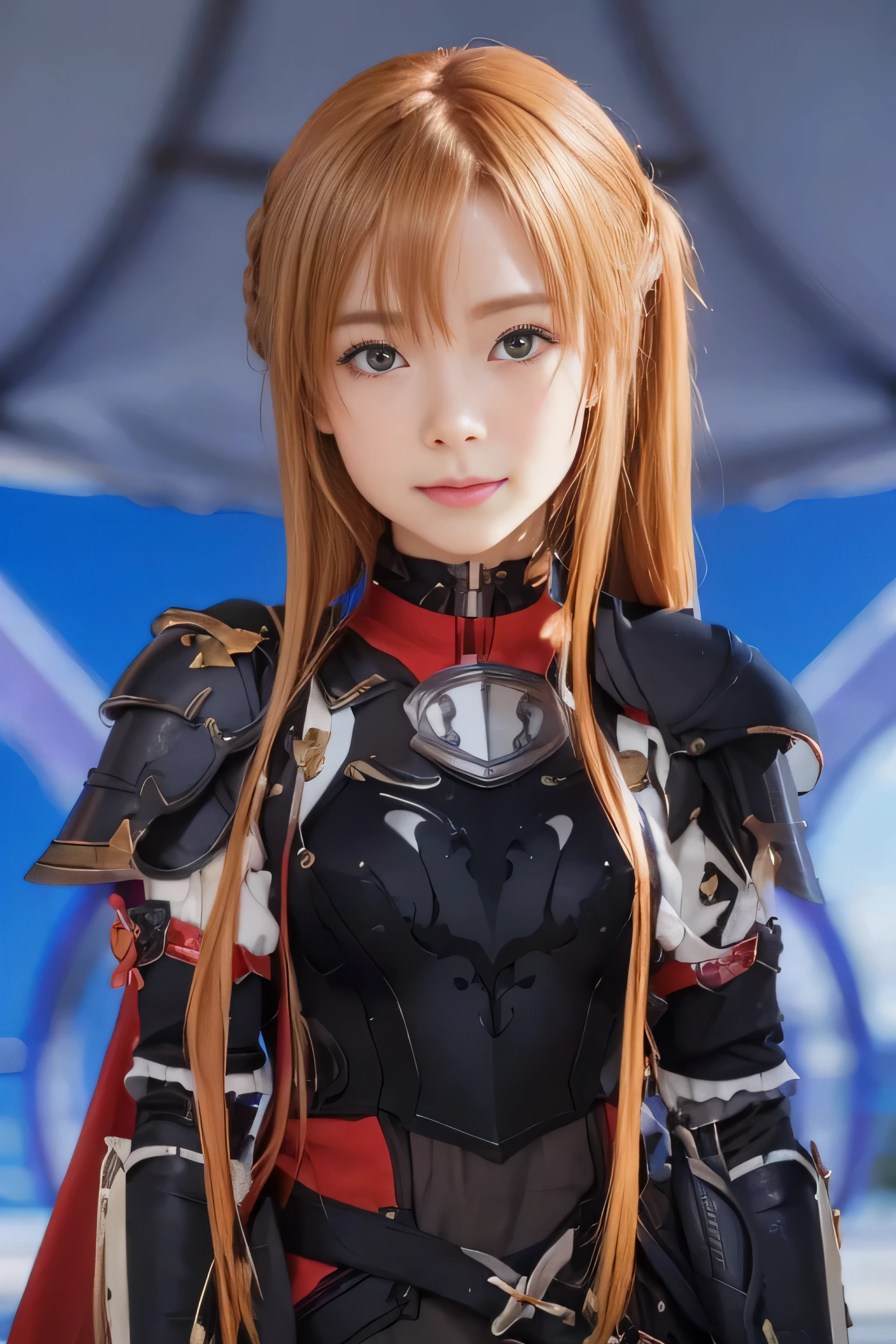 masterpiece, best quality, (realistic,photo-realistic:1.4), (RAW photo:1.2), extremely detailed CG unity 8k wallpaper, delicate and beautiful, amazing,finely detail, official art, absurdres, incredibly absurdres, huge filesize, ultra-detailed,extremely detailed eyes and face,light on face,(little smile),asuna yuuki,(caramel hair:1.4),long hair,(wearing black armor:1.4),outdoor