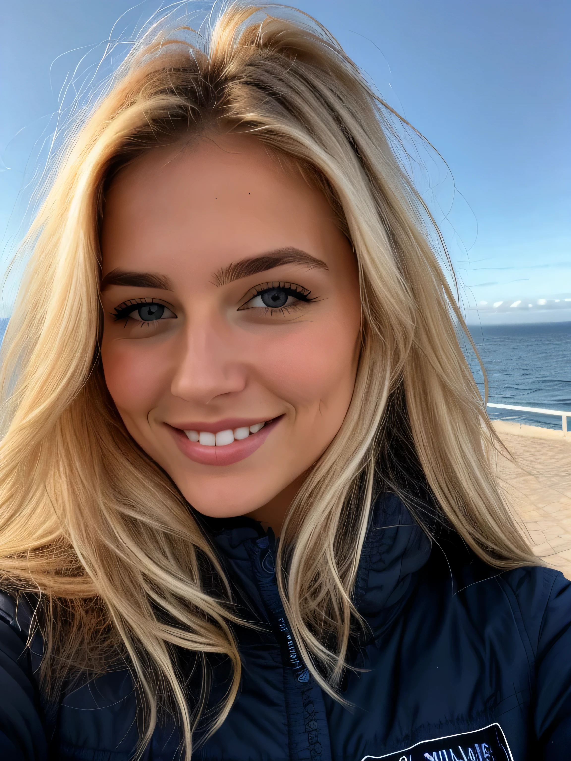 une femme blonde souriante de 23 ans fait un selfie en plein air au bord de la mer, Très beau temps, on voit la mer en arrière-plan, la mer couvre tout le fond, grand ciel bleu ensoleillé, Photoréalisme, Cheveux blonds with the racines châtain clair, cheveux blond, Cheveux avec des racines brunes, yeux bleus, belle femme, vue de face, Très gros plan du visage, zoom sur le visage, un blouson d'hiver noir, Haute qualité, selfie