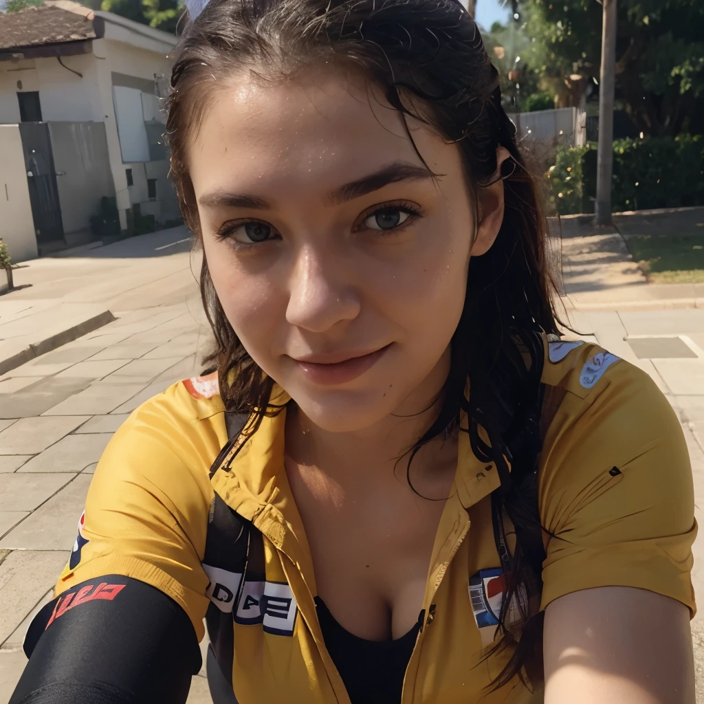 instagram photo, closeup face photo of 23 y.o Chloe in fire fighter uniform, cleavage, pale skin, (smile:0.4), hard shadows, cycling outfit, after shower with wet hair, training camp